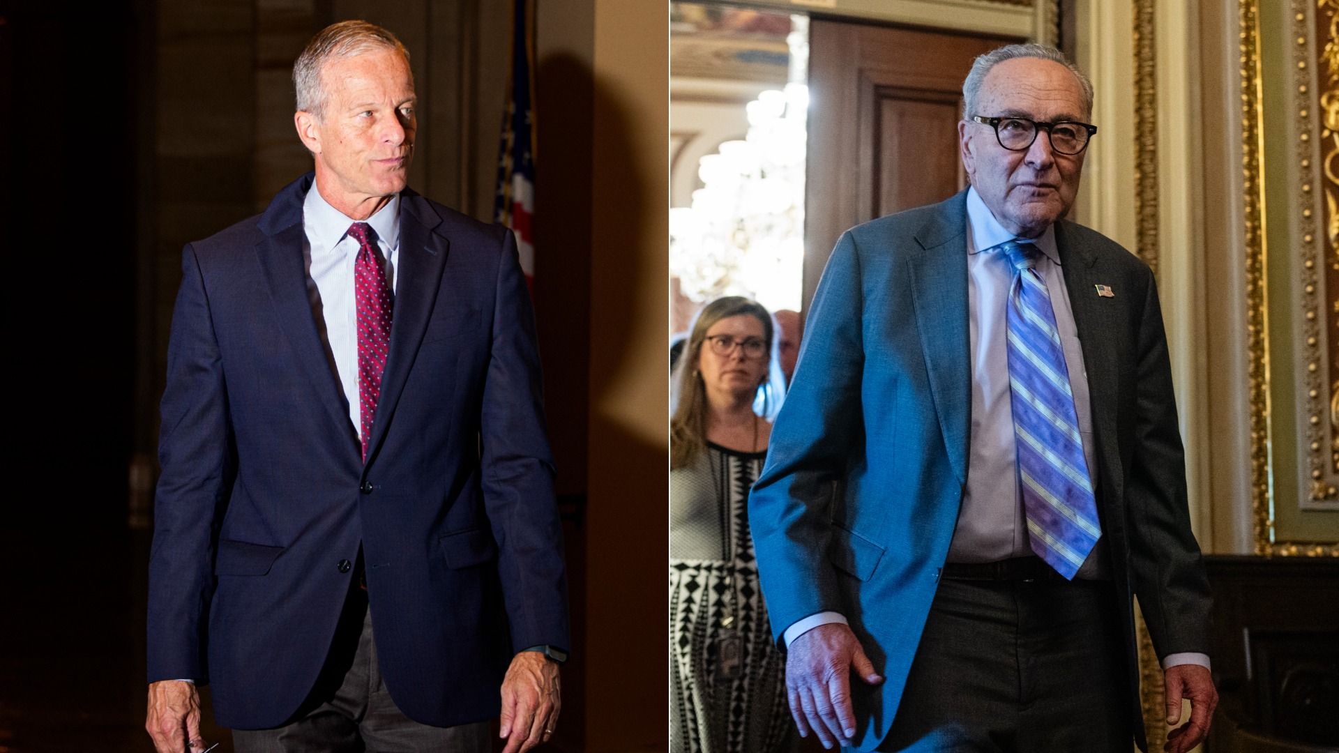 A split image with Senate Majority Leader John Thune (R-SD) on the left and Senate Democratic Leader Chuck Schumer (D-N.Y.) on the right. Both of them are walking in the Senate halls 