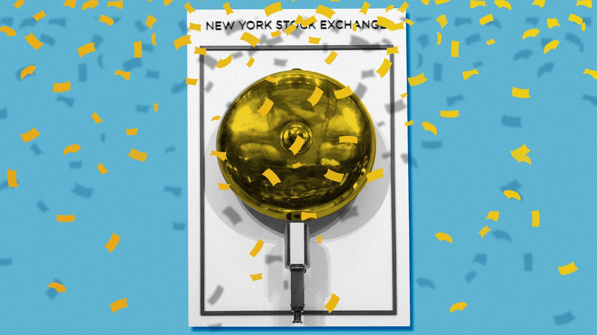 Illustration of confetti falling in front of the New York Stock Exchange bell.