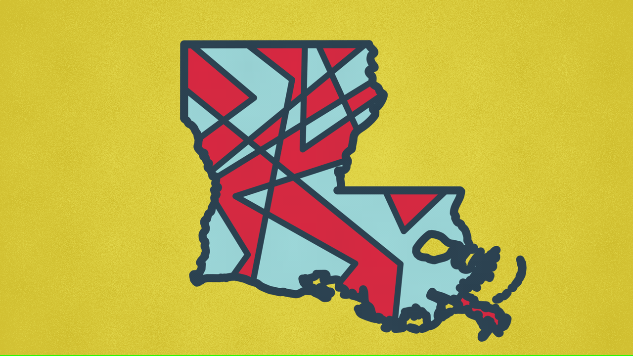 Animated illustration of Louisiana with red and blue districts in it changing shape.