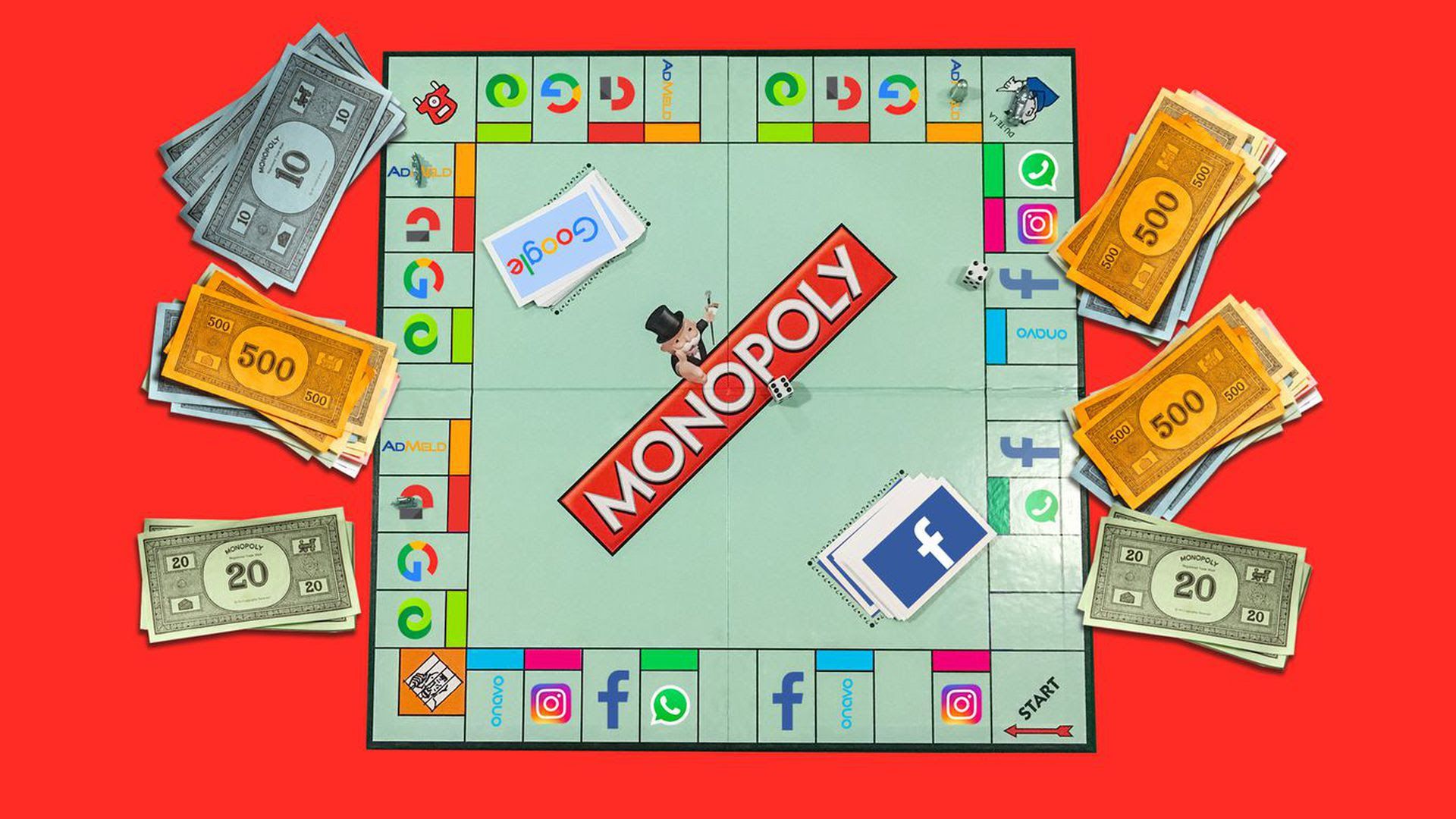 An illustration of a monopoly board with cash laying around it.