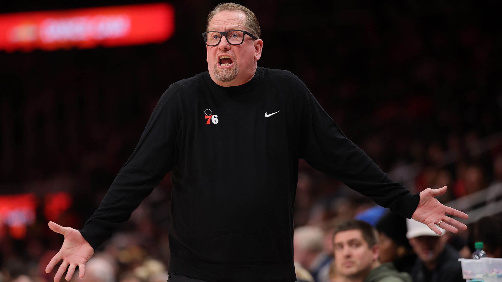 Sixers head coach Nick Nurse of the Philadelphia reacts to a call against the Atlanta Hawks.