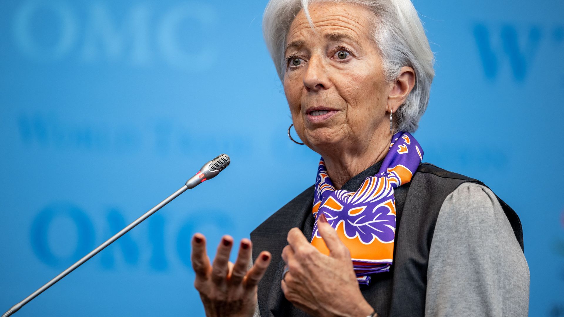 ECB policymaker Christine Lagarde at a podium
