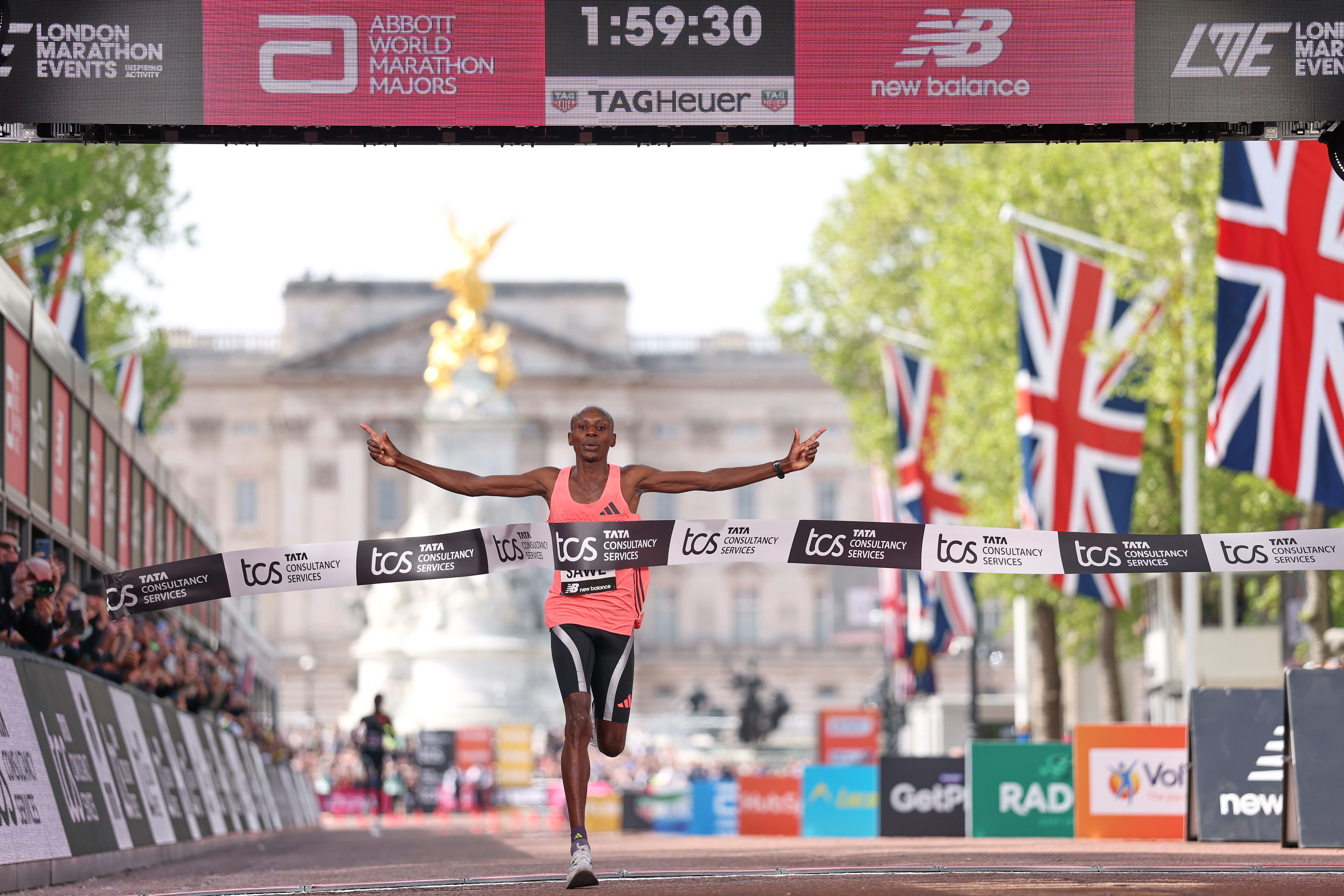 Sebastian Sawe of Kenya crosses the finish line in under two hours at the London Marathon yesterday.
