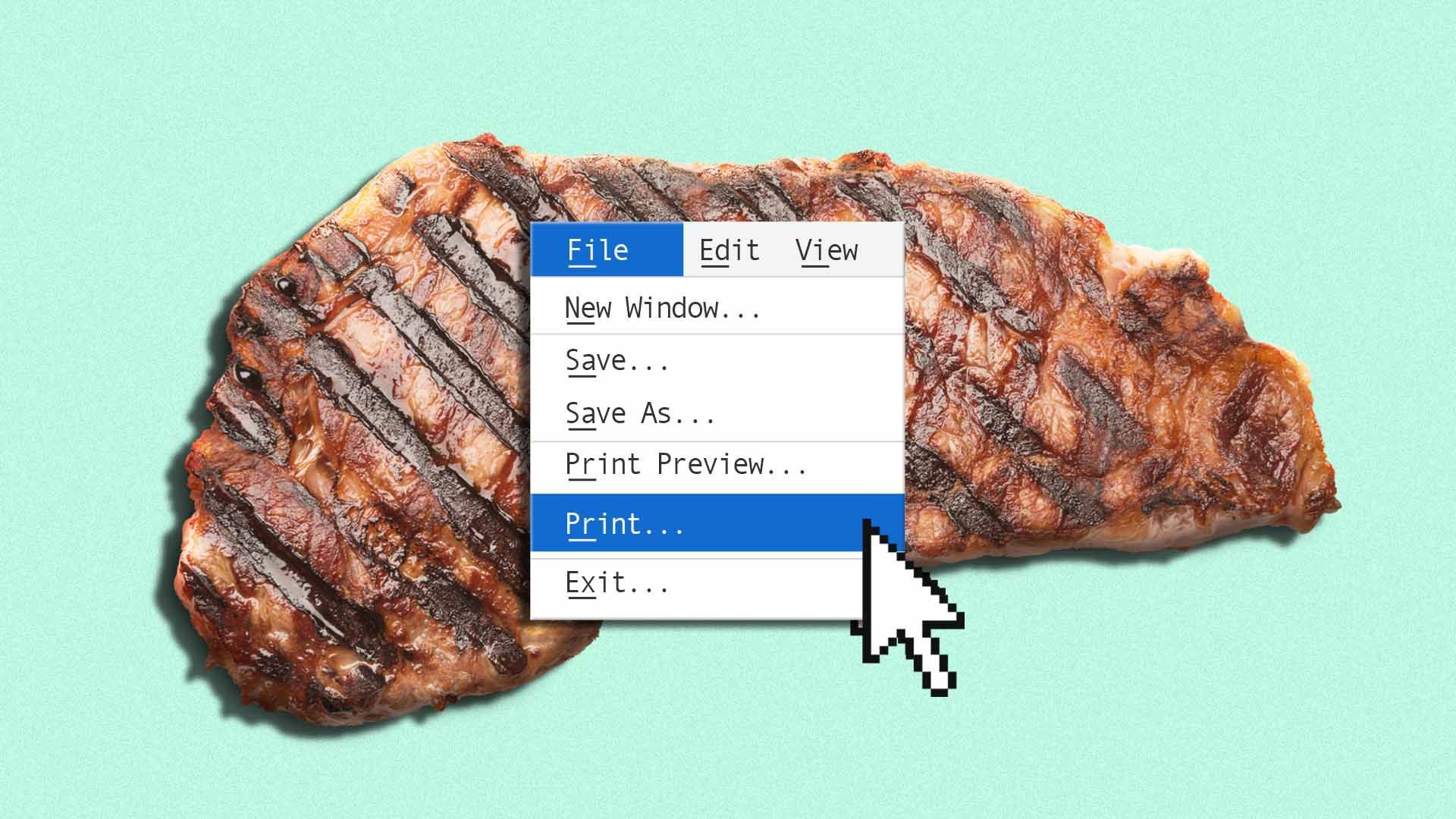Illustration of a piece of cooked steak with a cursor on a computer dialogue box selecting "print"