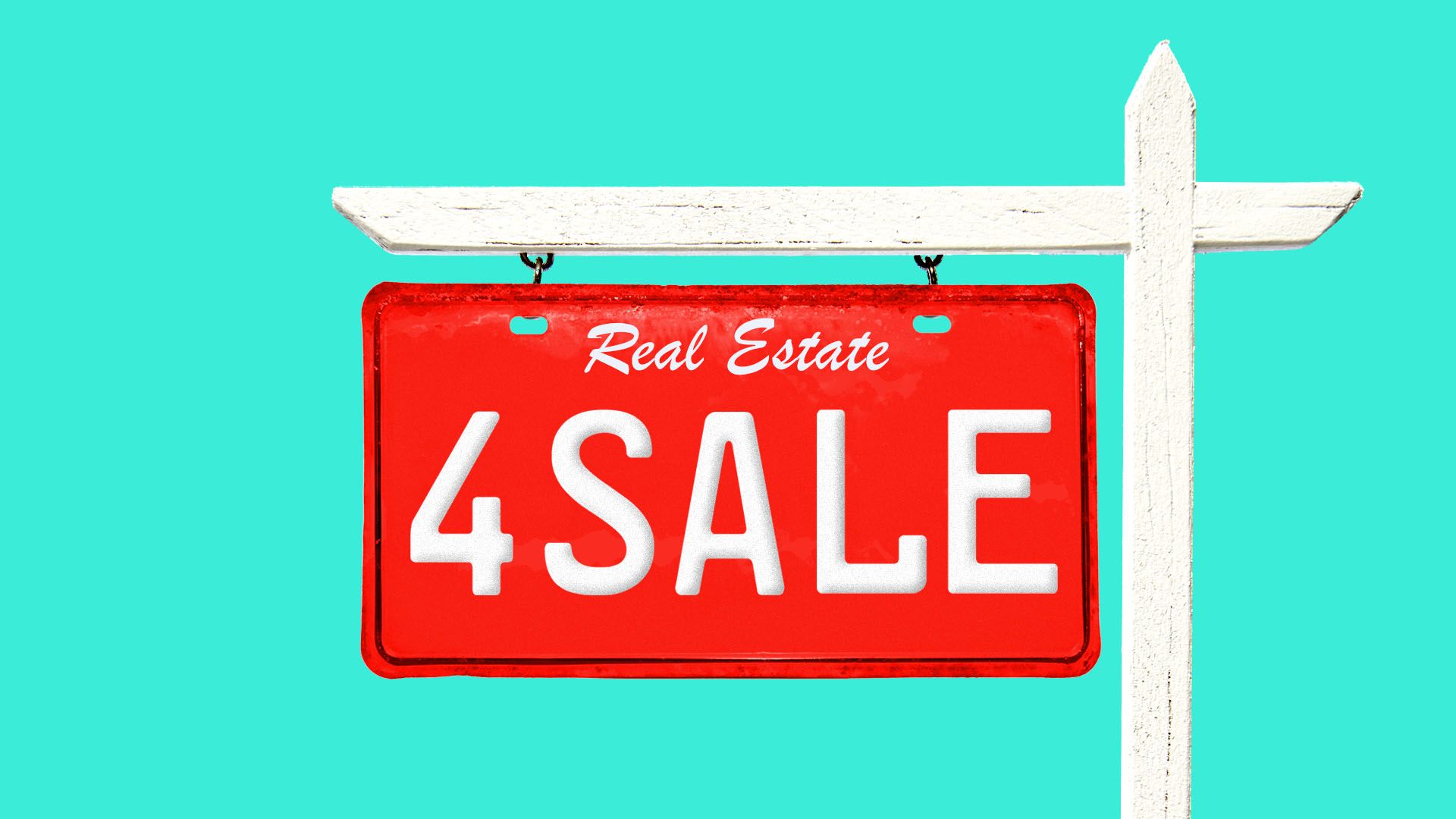 Illustration of for sale sign with license plate that reads "4sale"