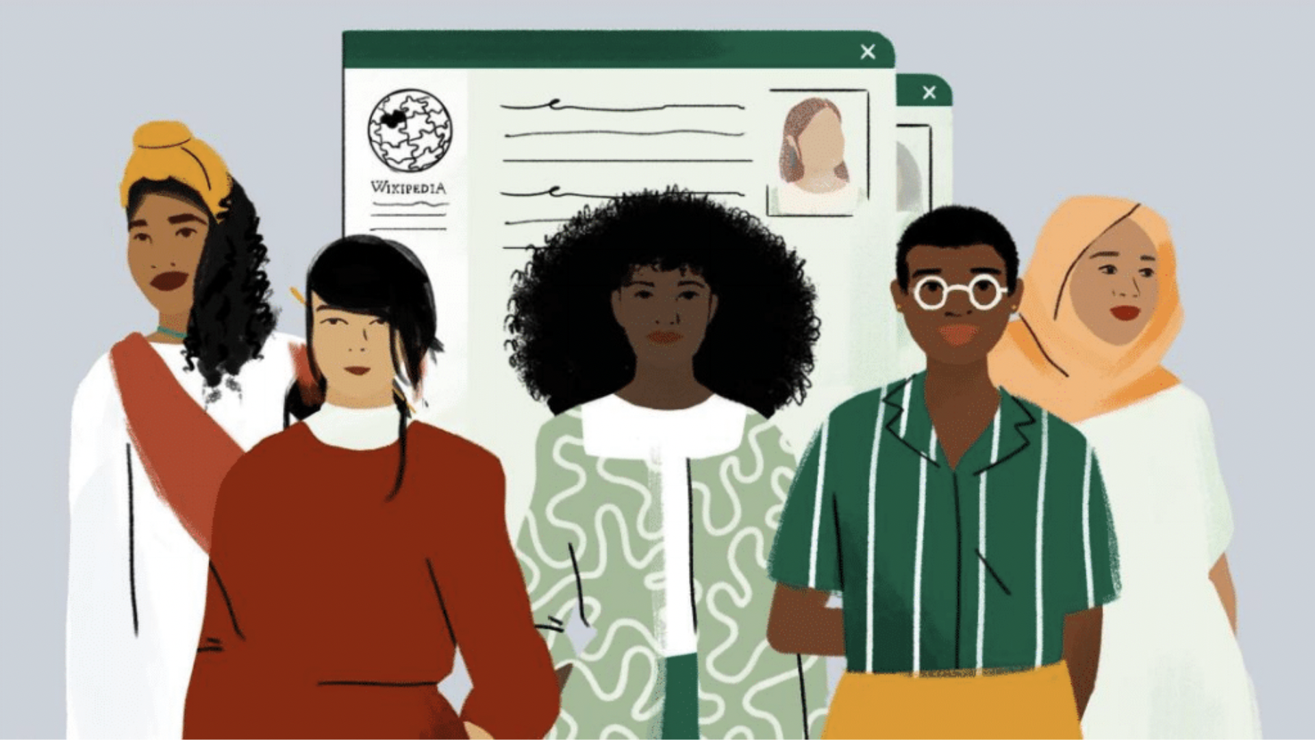 An illustration of women of various ethnicities and a Wikipedia page in the background