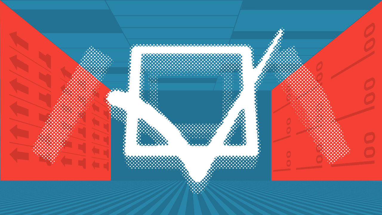 Abstract blue geometric background with red diagonal side panels featuring arrows and numbers; a large white dotted emblem in the center forms a stylized shield with a downward-pointed square frame.