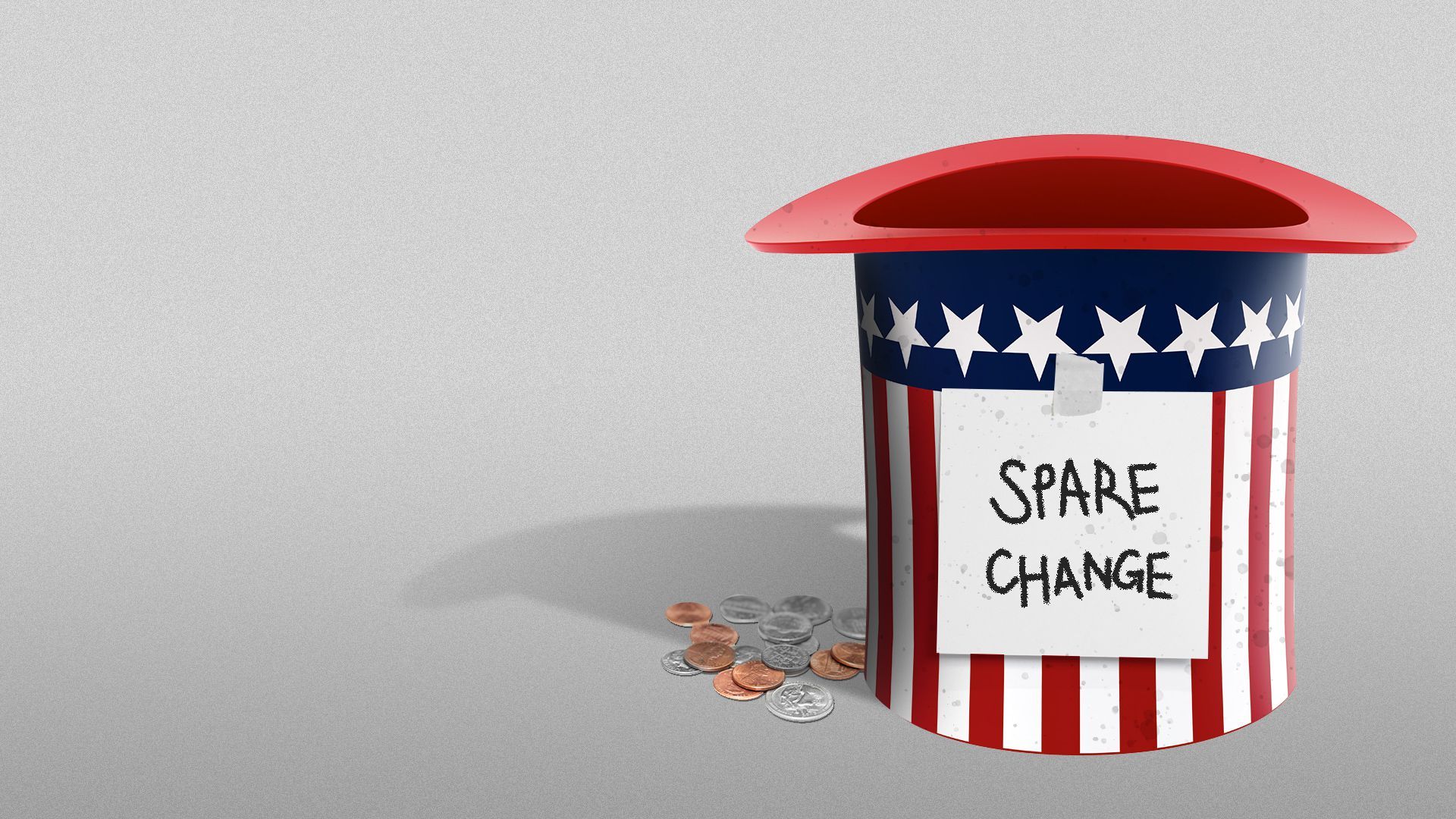 Illustration of an Uncle Sam hat upside down, with change around, and a sign taped to the side that says, "SPARE CHANGE."