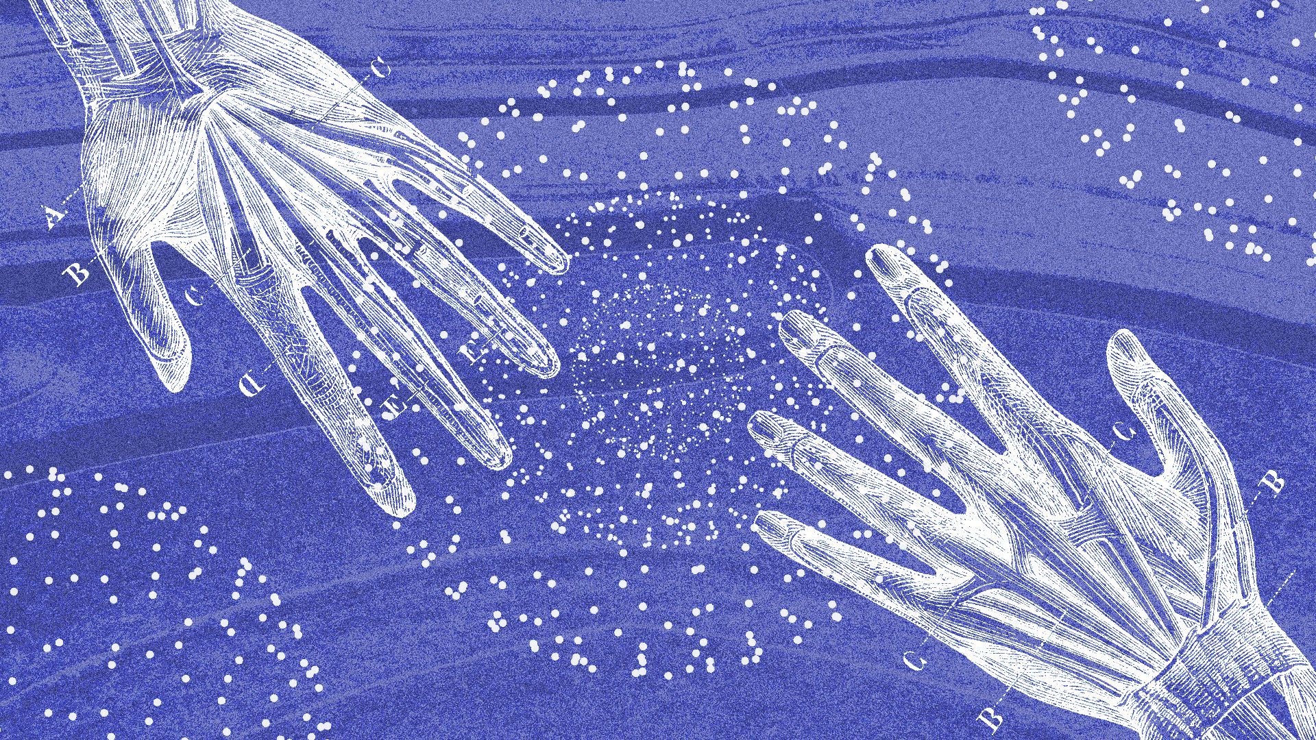 Illustration of two medical diagrams of hands reaching for each other across an abstract background.