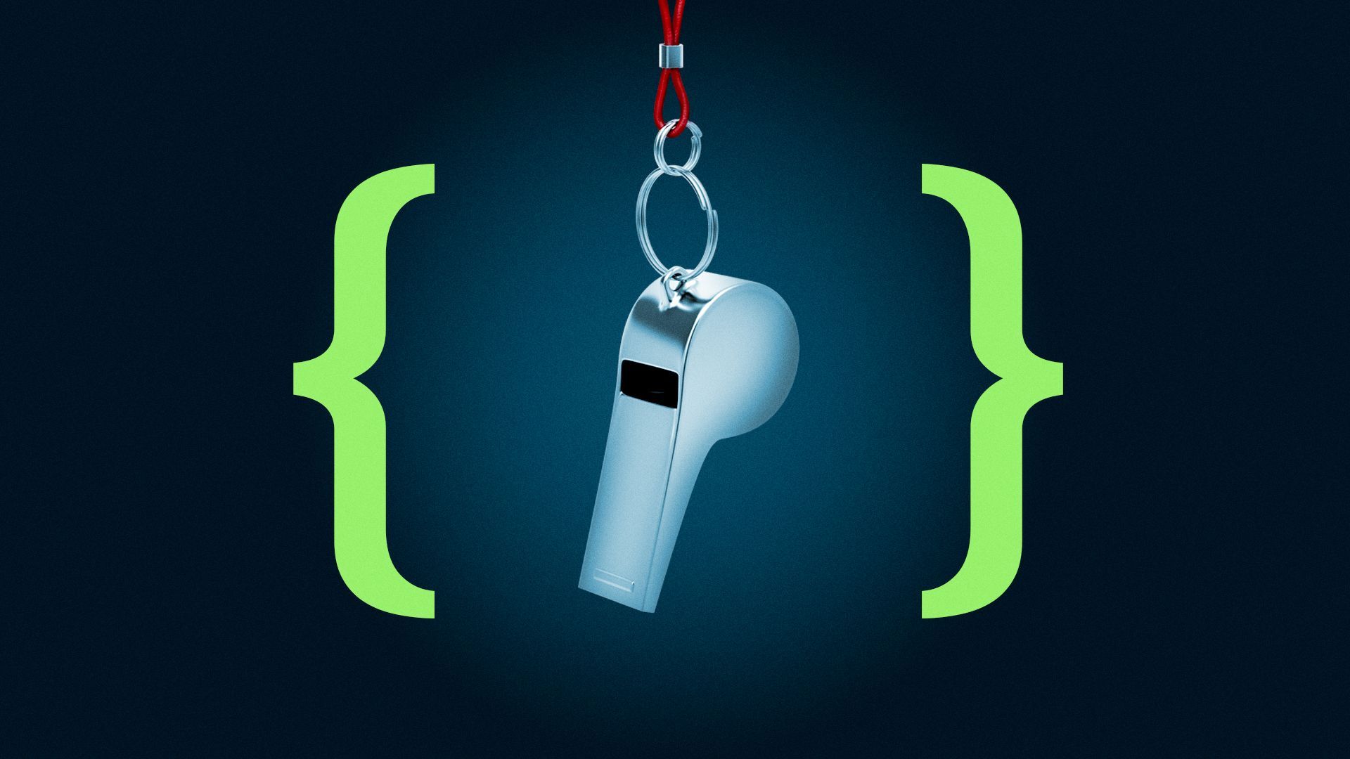 Illustration of two curly brackets surrounding a dangling metal whistle.