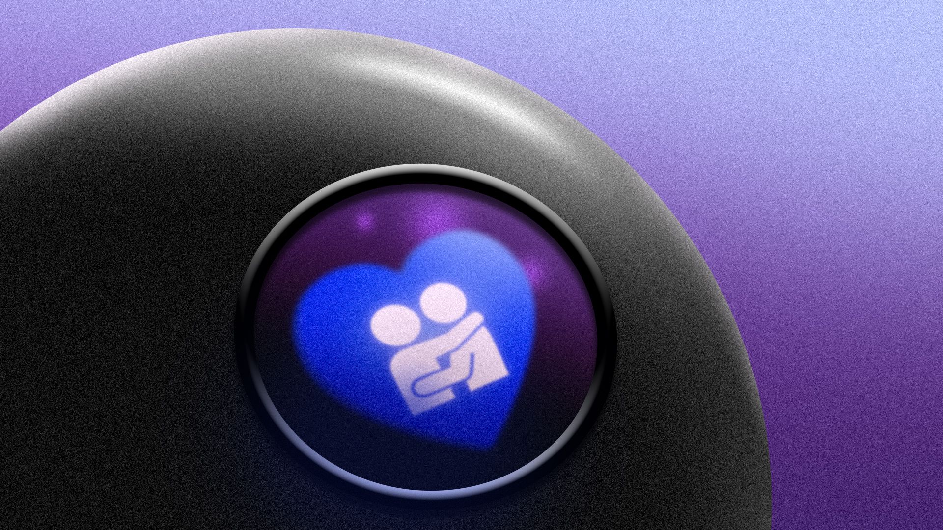 Illustration of a magic eight ball featuring a heart-shaped piece instead of a triangle, with a couple icon in the center