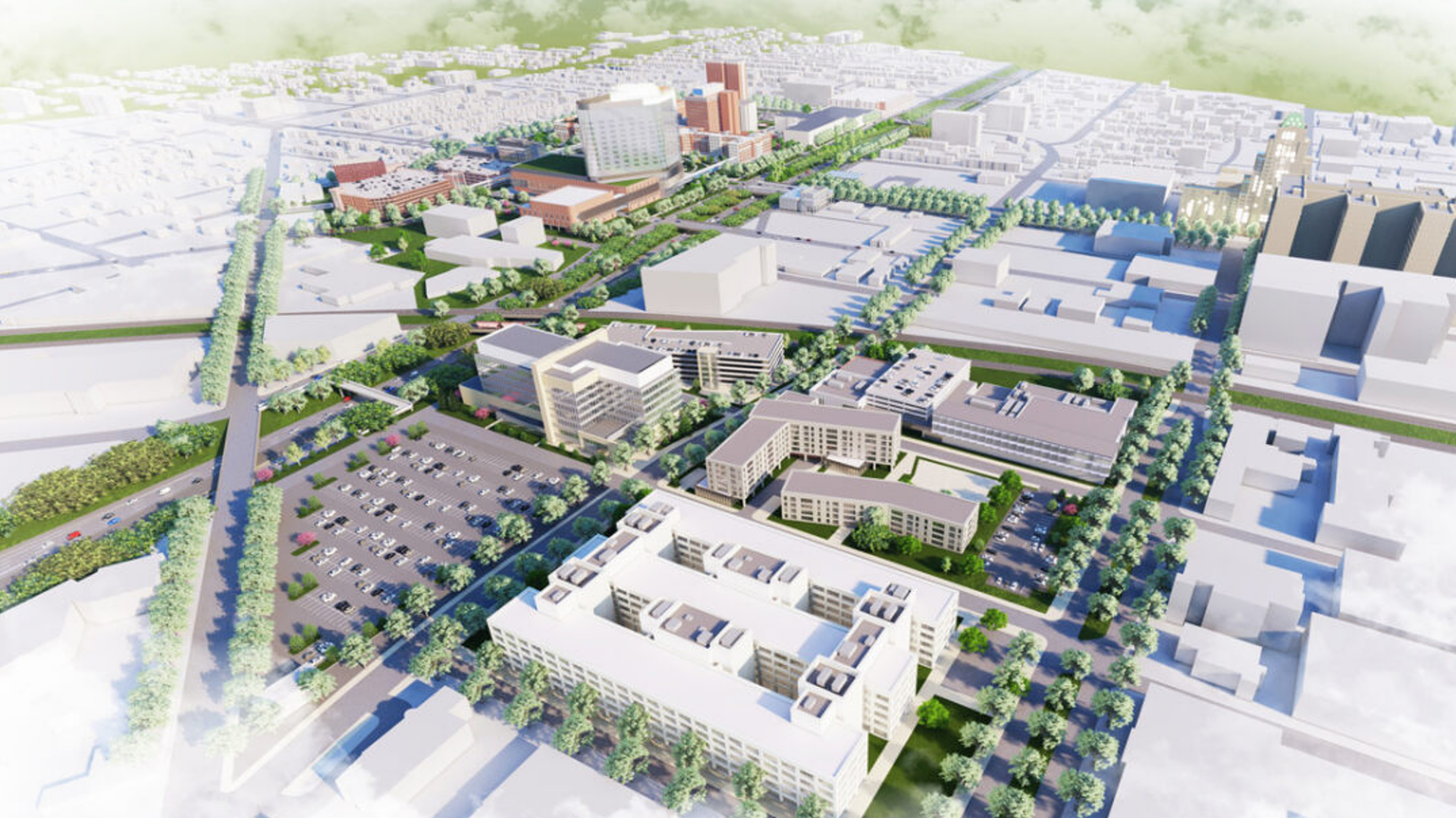 An overview rendering showing various buildings lined with trees.