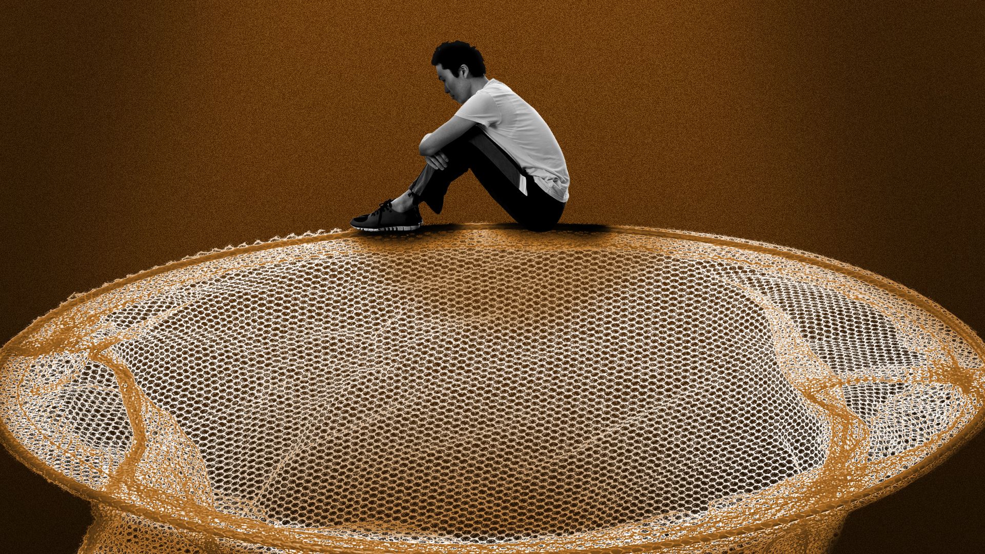 Illustration of a small man sitting on the rim of a giant net