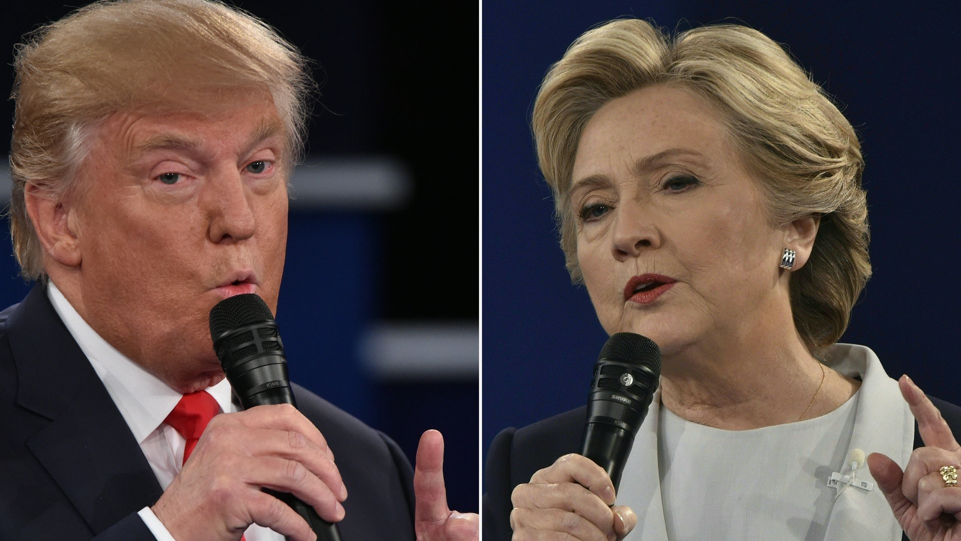 Combination pictures of presidential candidates Donald Trump and Hillary Clinton during the second presidential debate in St. Louis, Missouri on October 9, 2016.