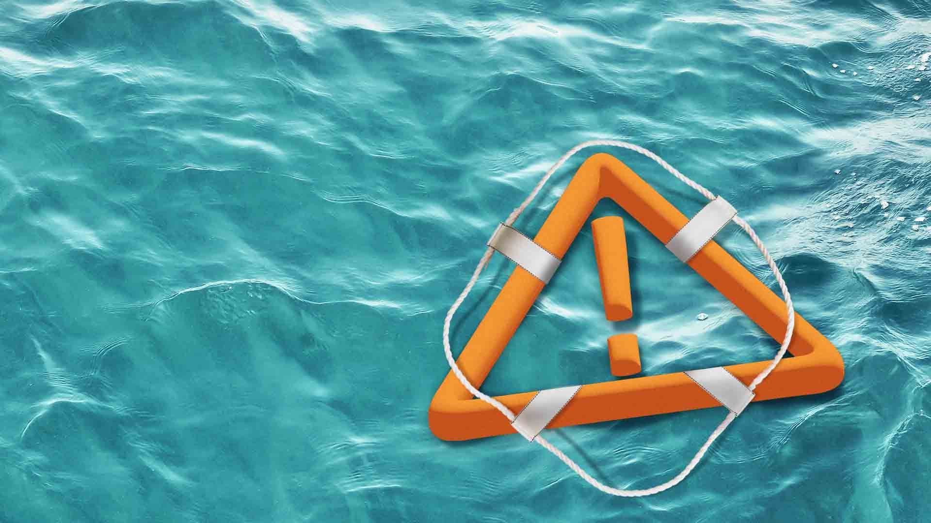 Illustration of a life preserver shaped like a caution symbol floating in water