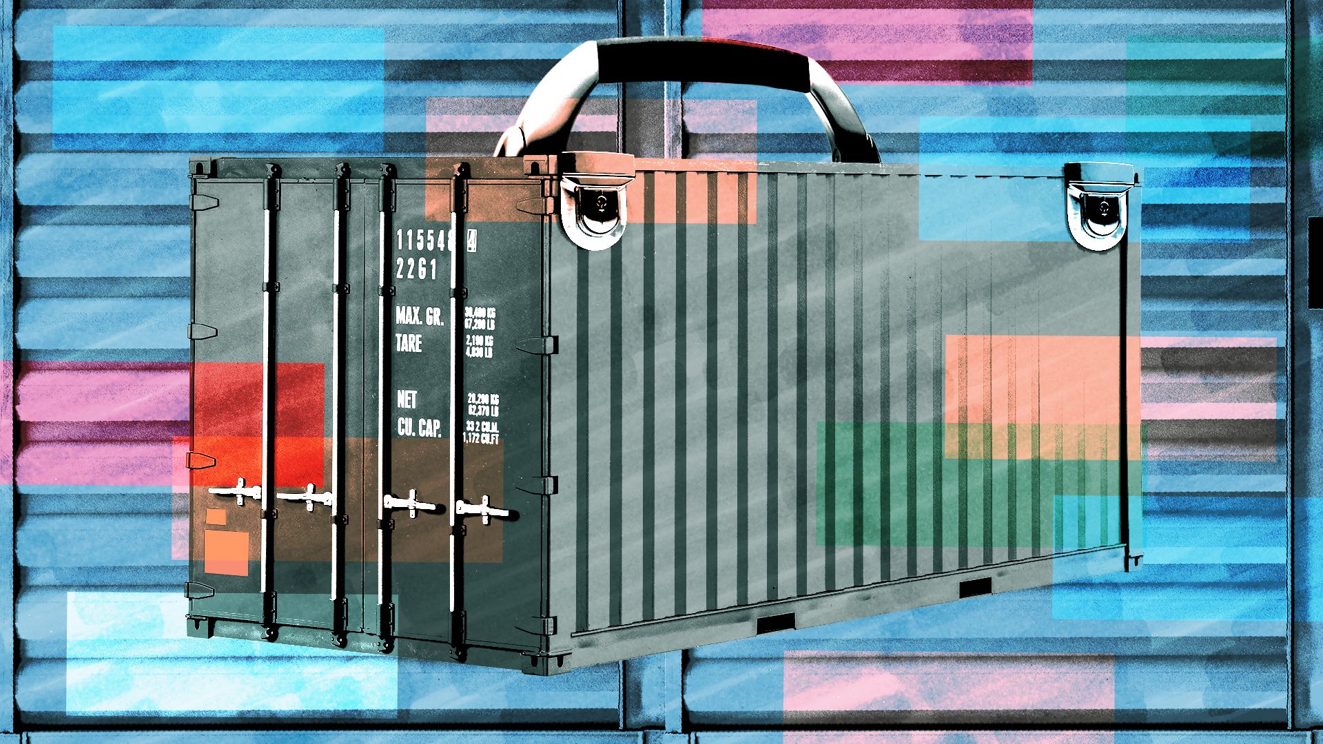 Illustration of a shipping container with briefcase elements