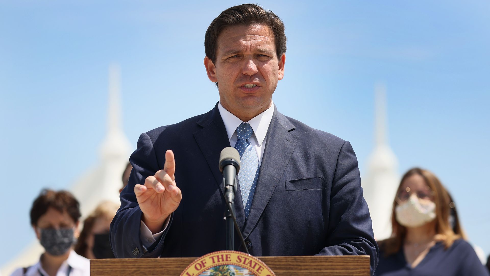 Florida Gov. Ron DeSantis speaking at a press conference in Miami on April 8.