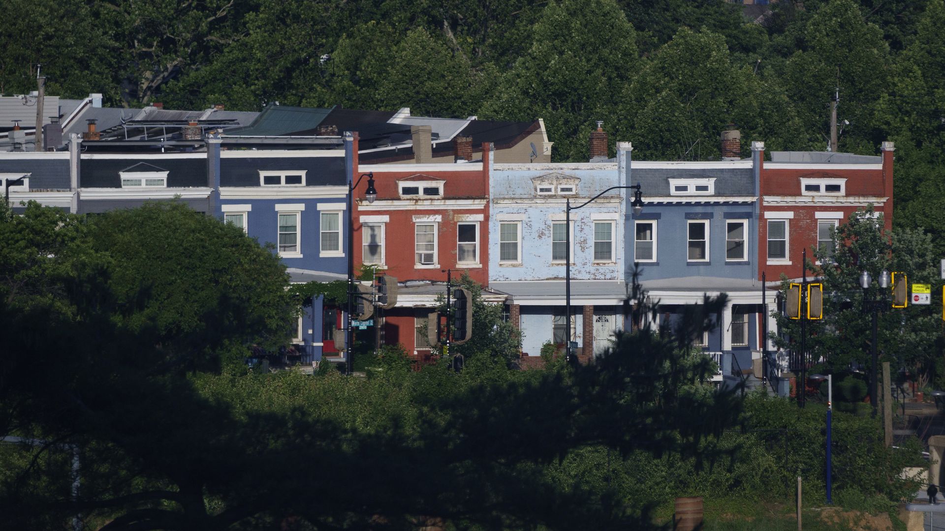 Row of colorful brick townhouses in red, blue, and light blue with large leafy green trees behind and in front, lit by afternoon sunlight.