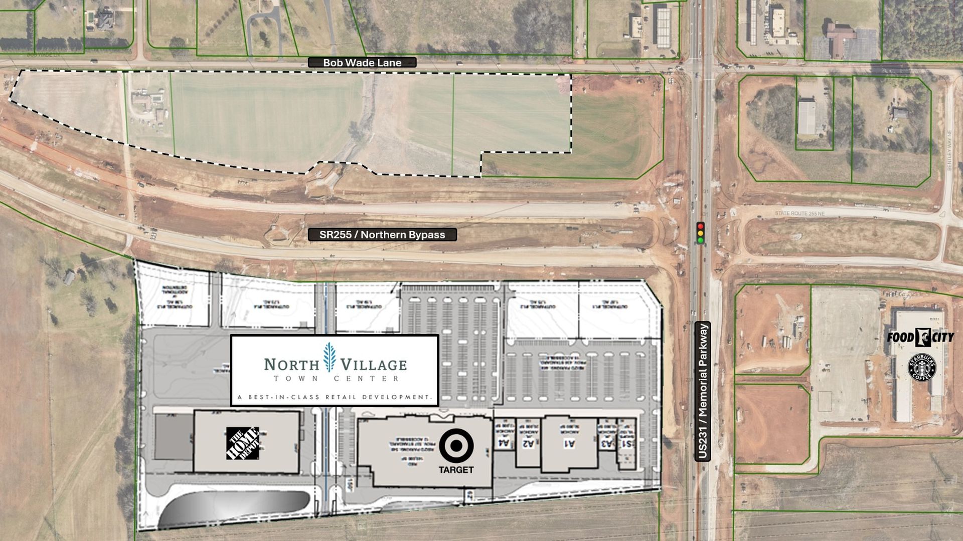 Aerial map showing North Village Town Center retail development with Target and Home Depot, near SR255/Northern Bypass and US231/Memorial Parkway, adjacent to Food City and Starbucks locations.