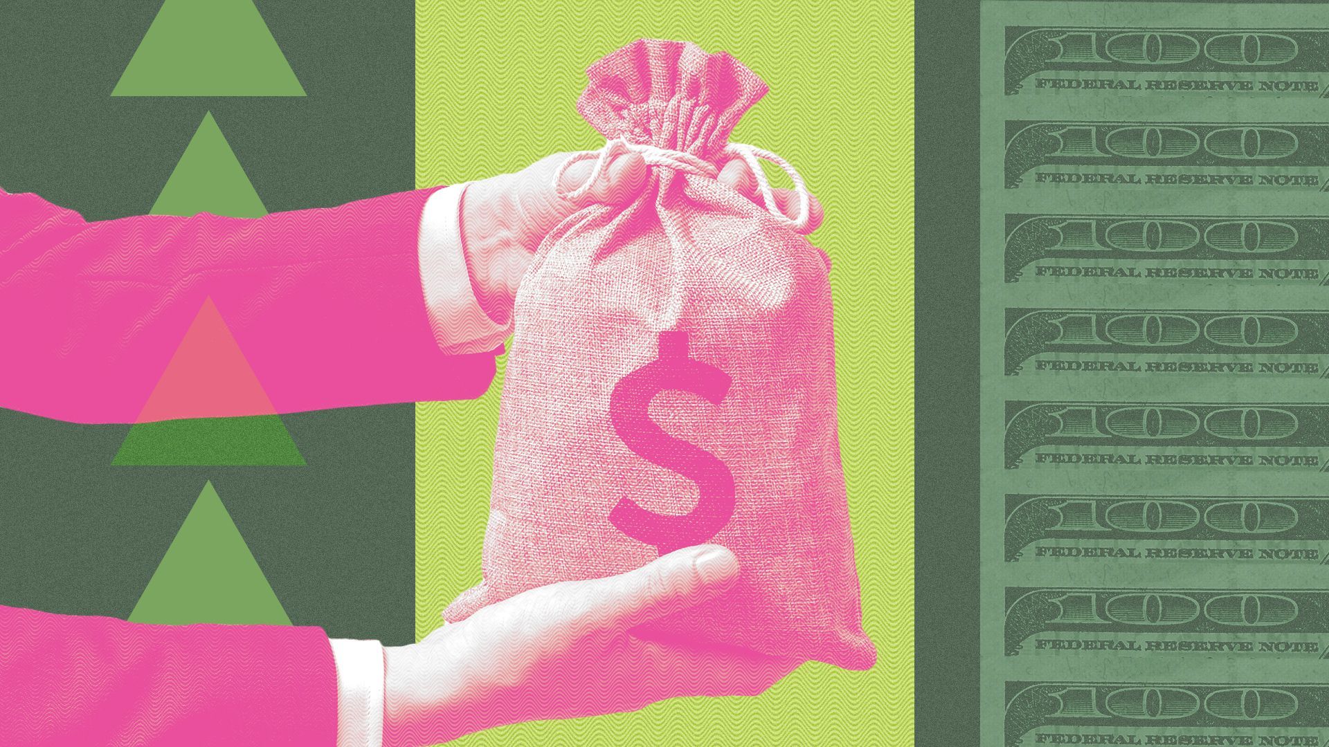 Illustration of a person holding out a bag of money surrounded by abstract shapes and money elements.