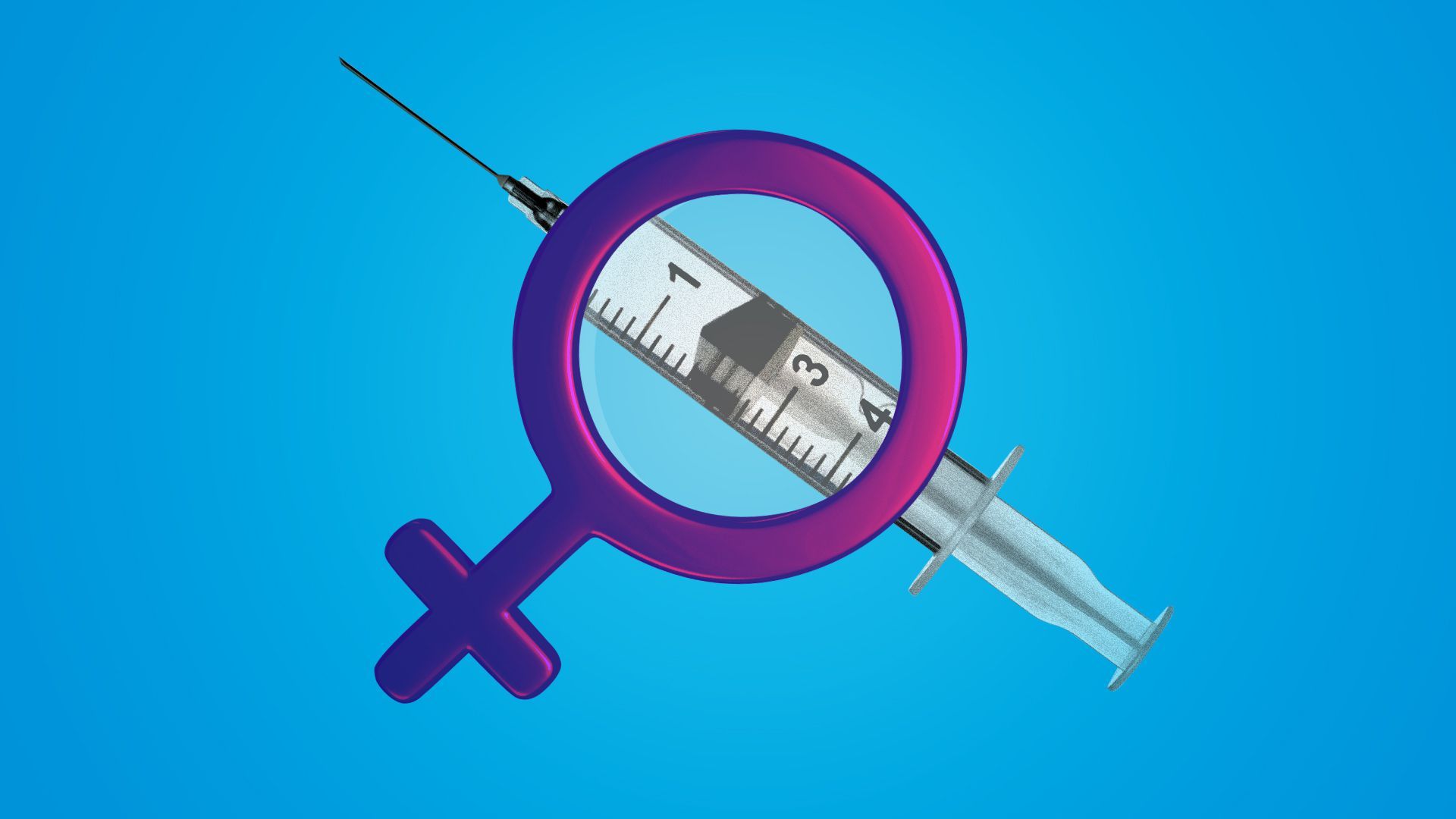 Illustration of a women's symbol acting as a magnifying glass over a syringe.