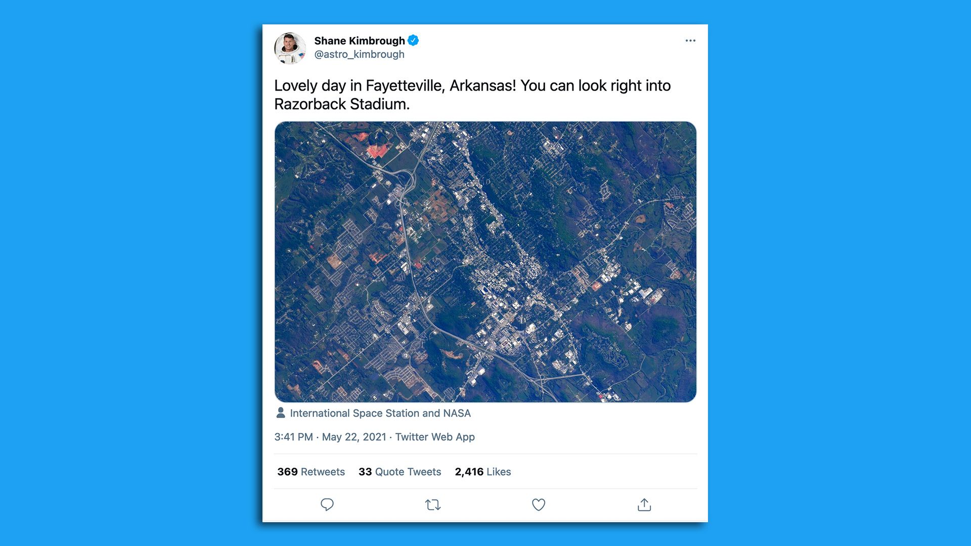 A photo from the space station of Fayetteville, Arkansas