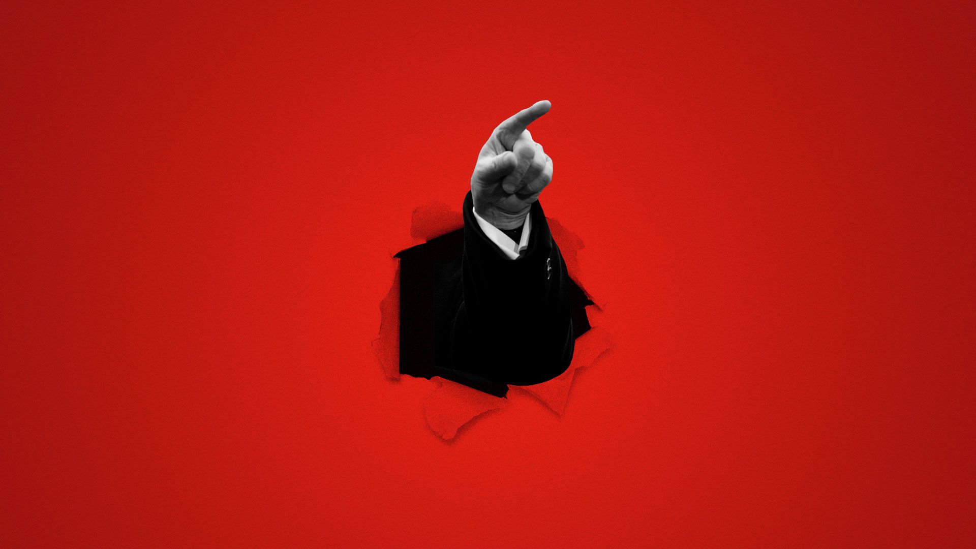 Illustration of President Trump's hand pointing through a broken background.