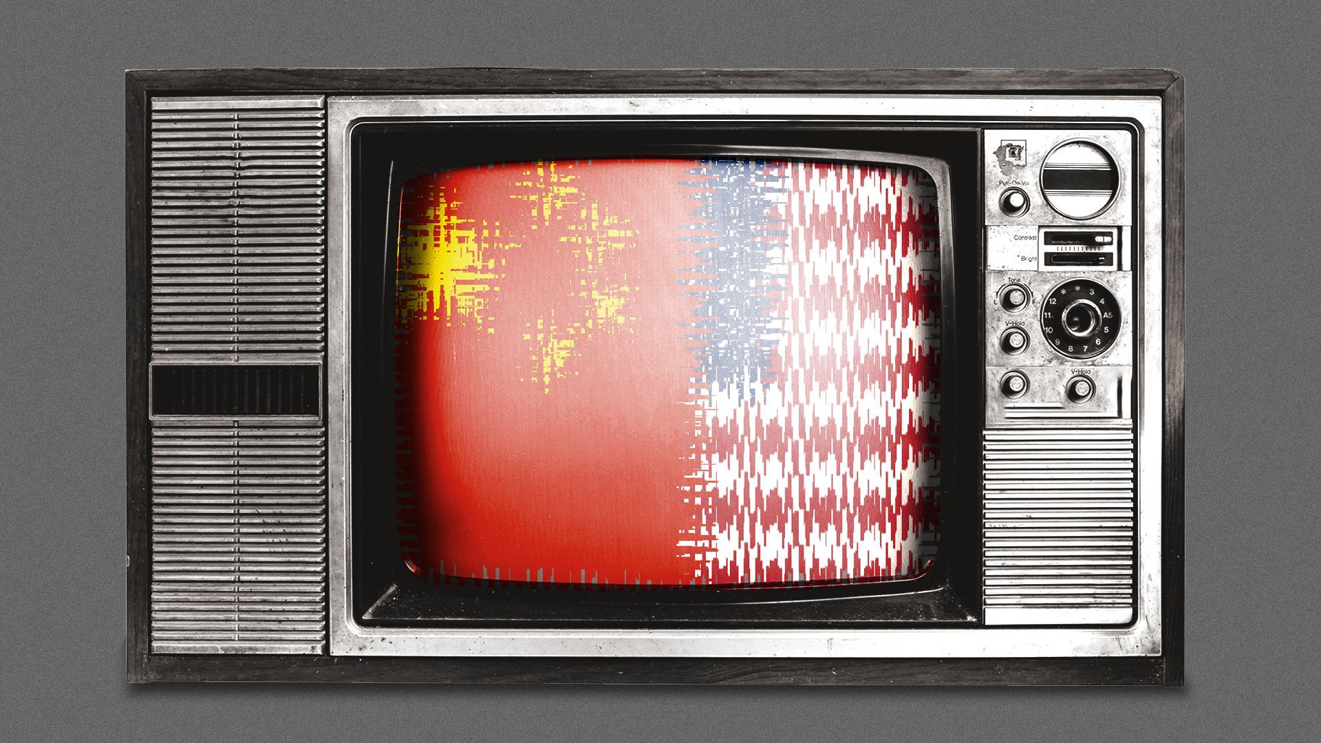 Illustration of an old television screen with the Chinese and U.S. flags glitching and blurring together