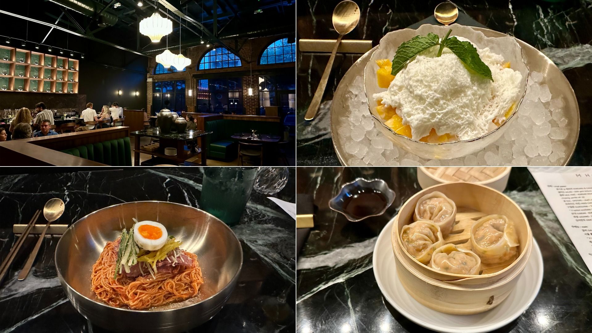 Quad-panel collage: chic, dim restaurant interior with brick arches; glass dessert with shaved ice, peaches and mint; plate of spaghetti with egg; bamboo steamer with dumplings on marble.