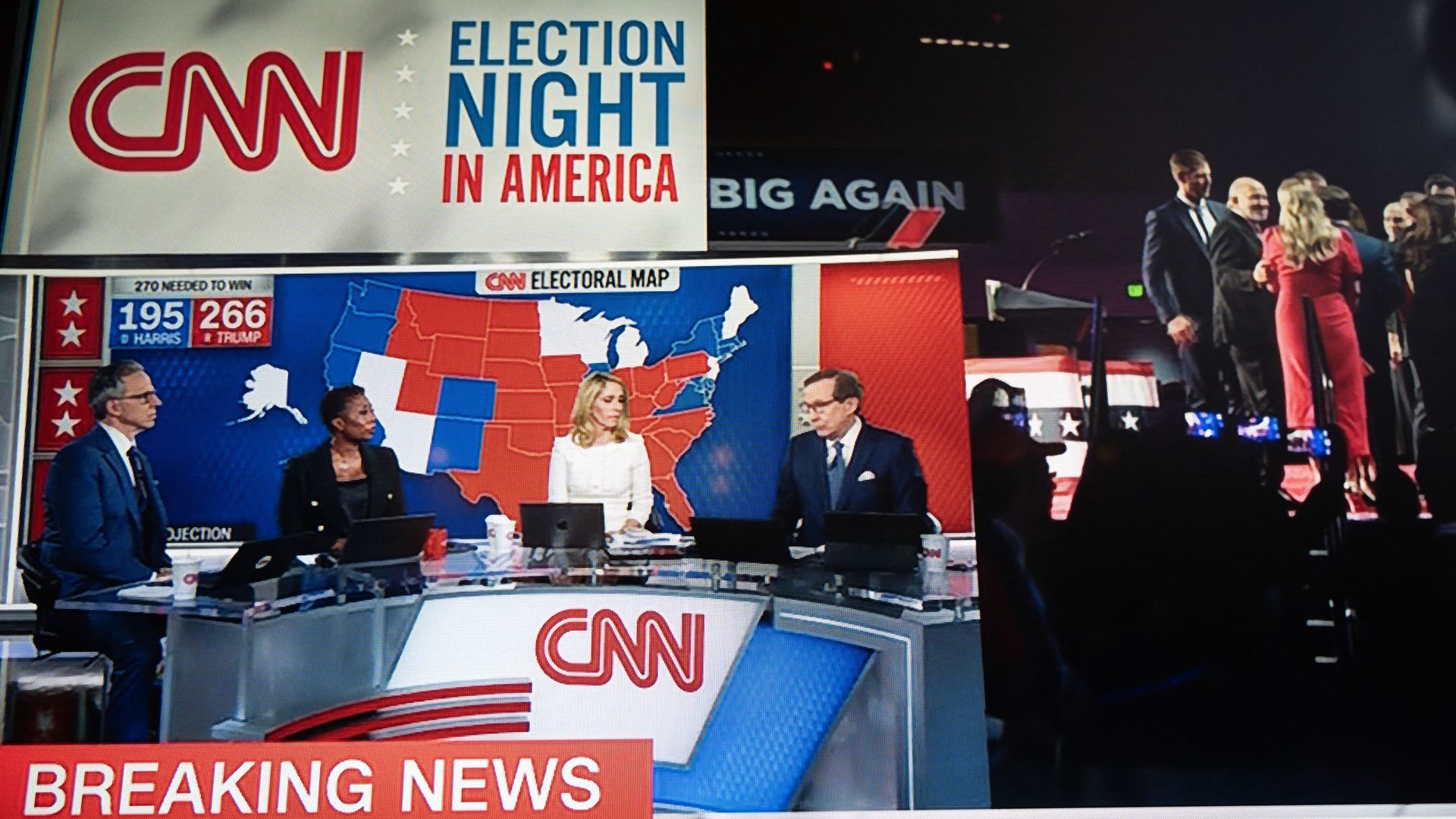 A split-screen CNN election night broadcast shows four anchors at a desk in front of an electoral map displaying Trump with 266 electoral votes and Harris with 195, alongside footage of Trump's election night gathering.