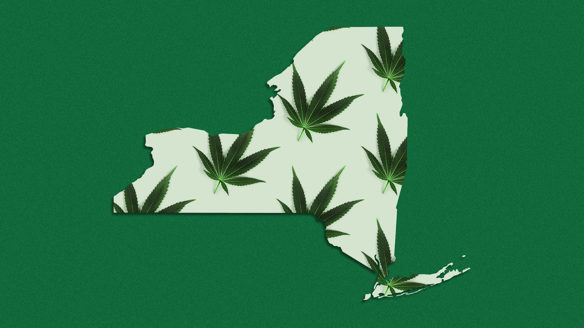 Illustration of a pattern of marijuana leaves filling the state of New York