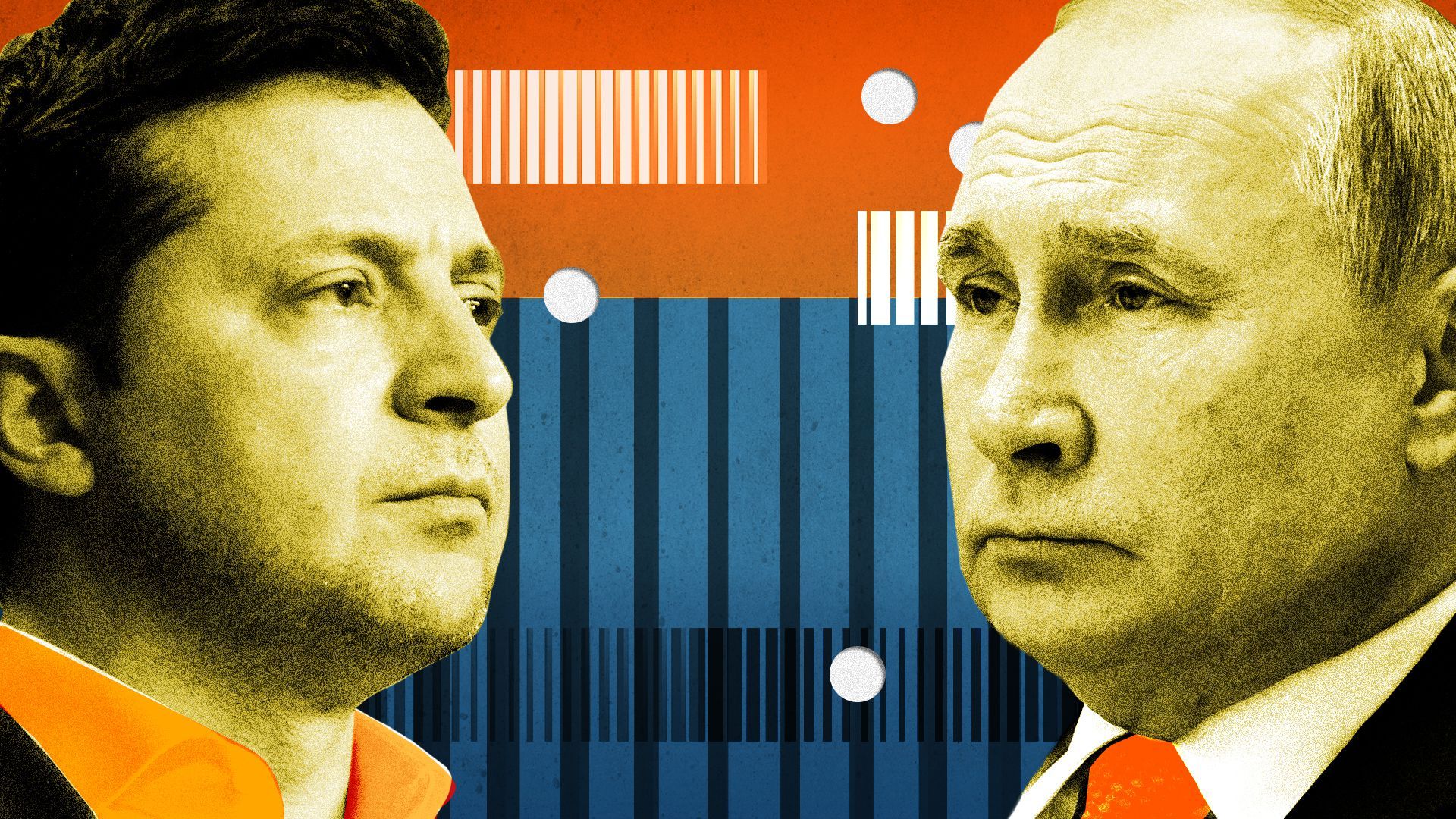 Photo illustration of Volodymyr Zelensky and Vladimir Putin.