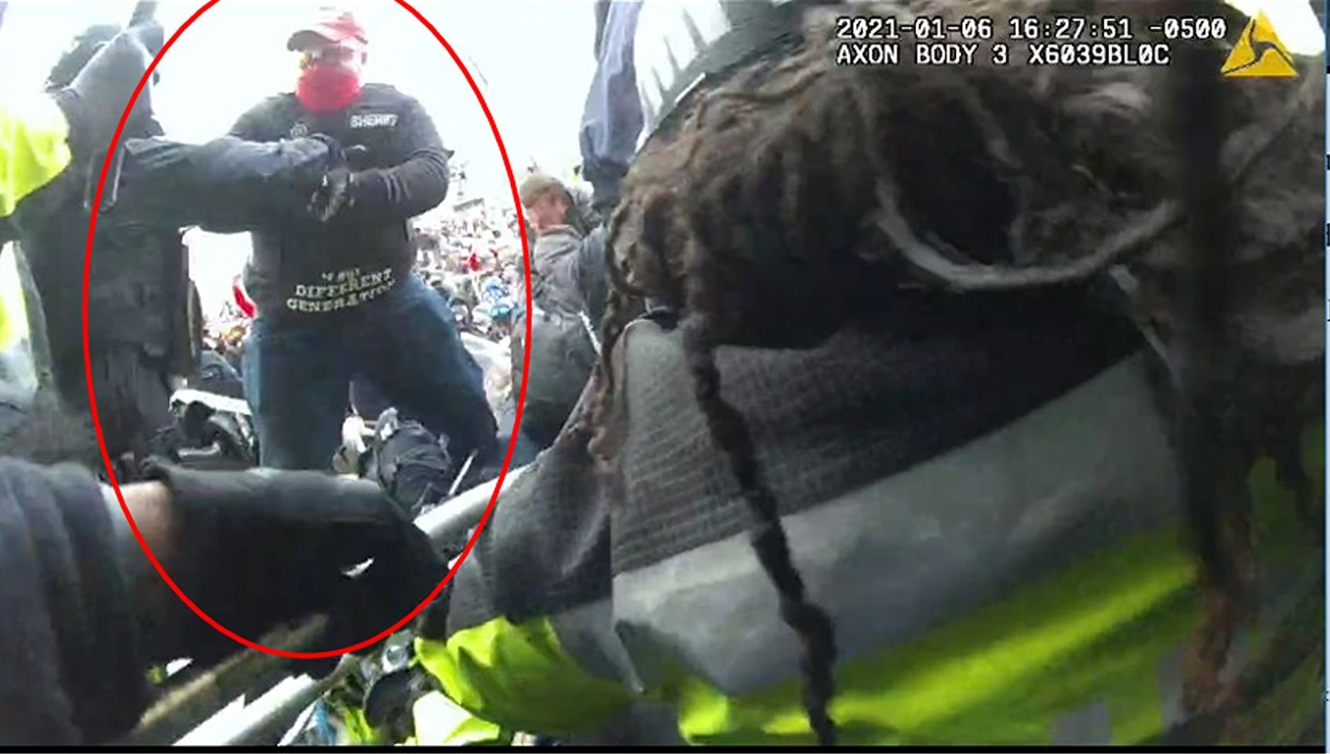 A man, circled, whom prosecutors identify as Ronald Colton McAbee during the Jan. 6, 2021, Capitol riot. 