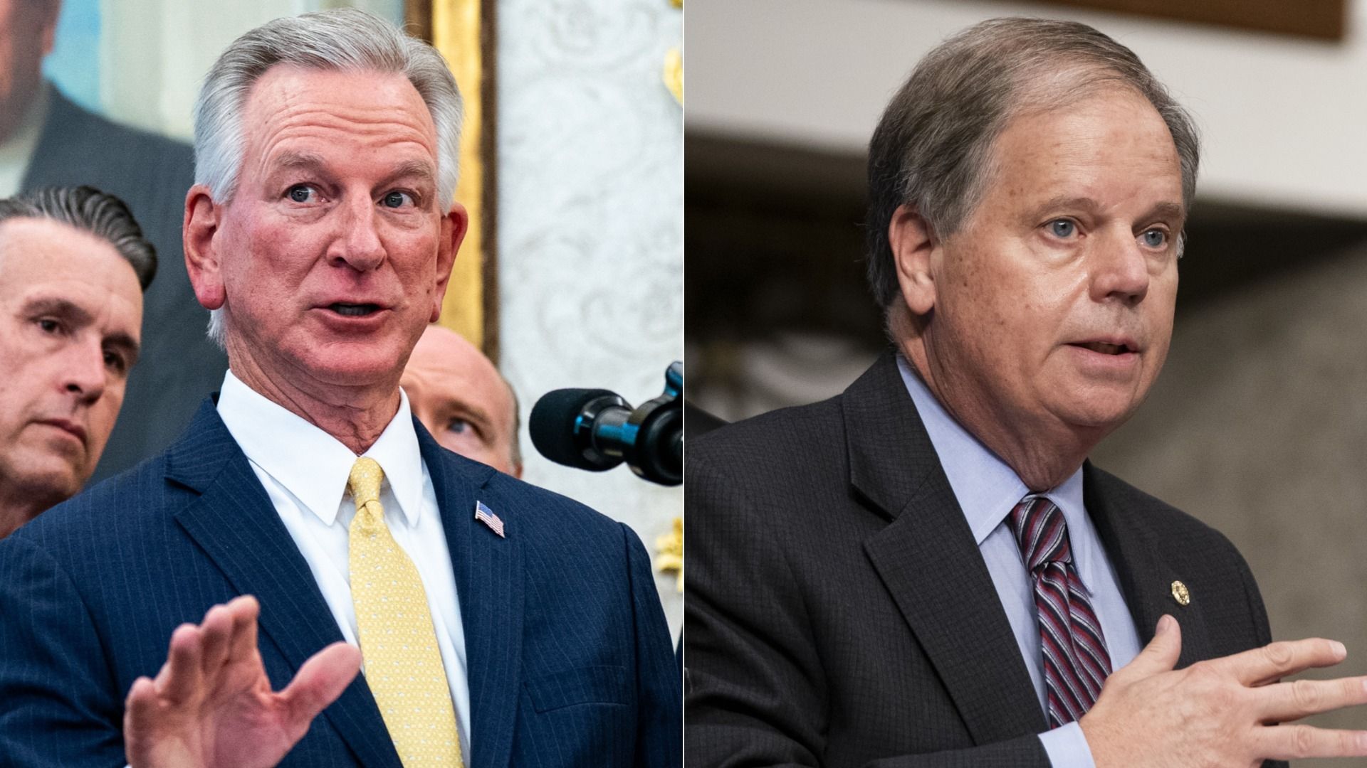 Tommy Tuberville and Doug Jones are shown in a photo collage, both speaking and gesturing with their hands in an official setting.