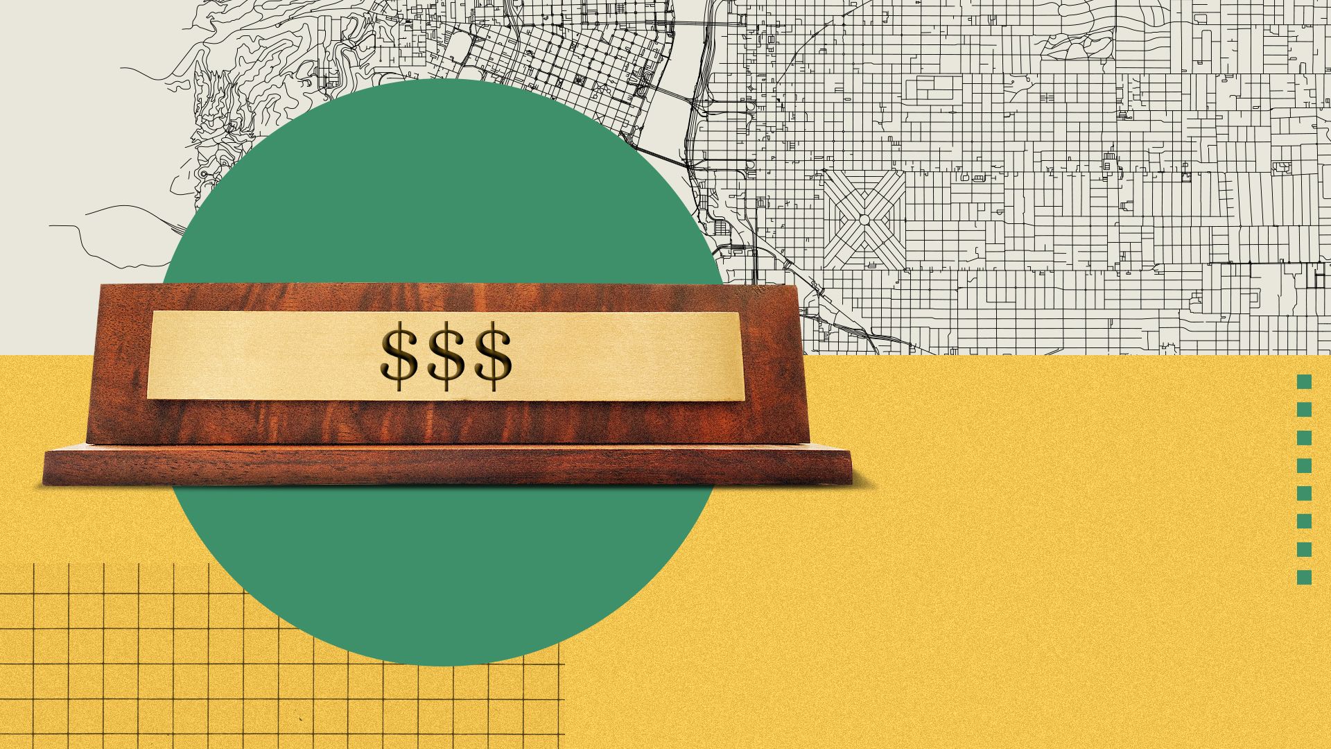 Photo illustration of a name plate with dollar signs over a circle with a grid and the map of Portland in the background.