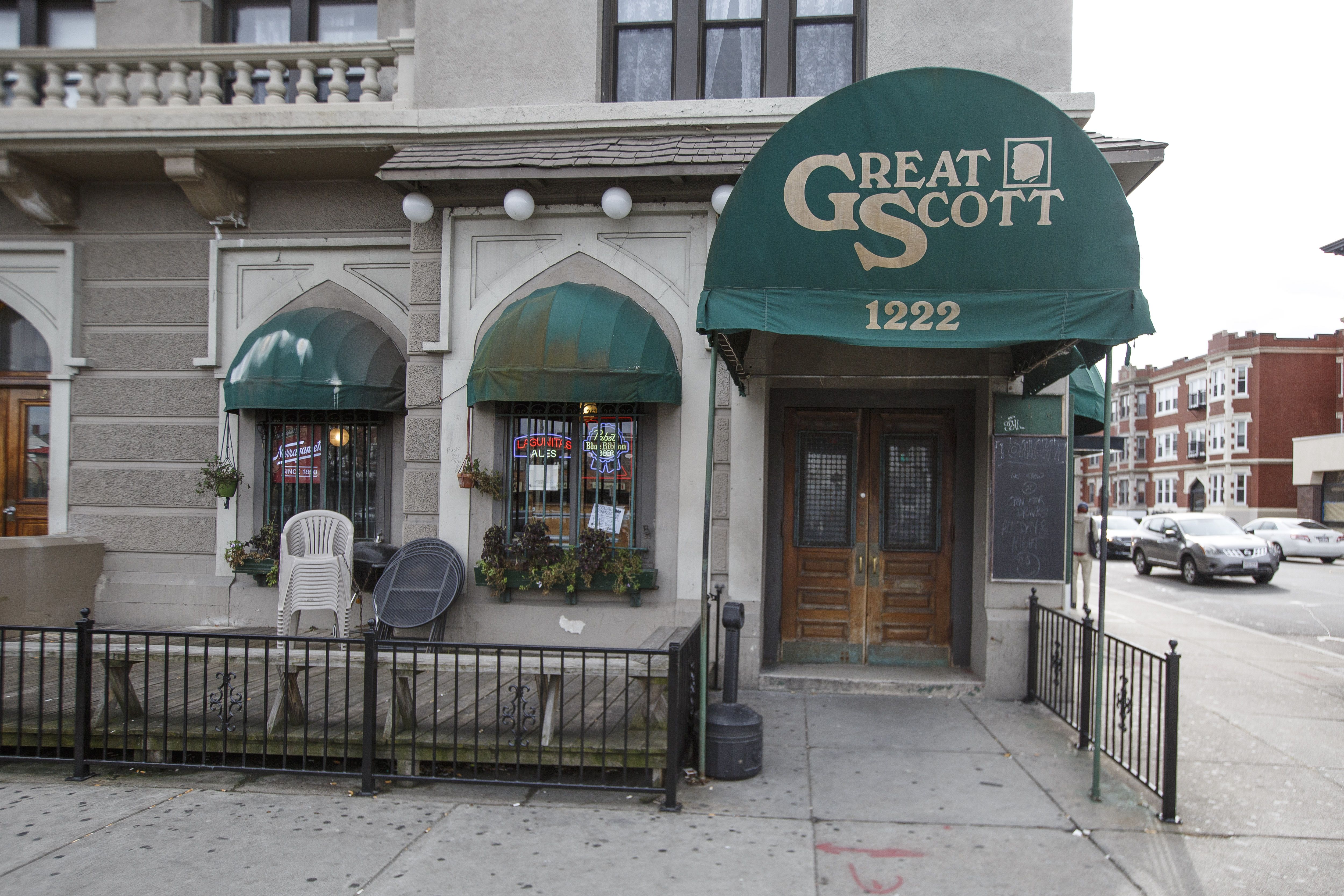 A city building with an awning