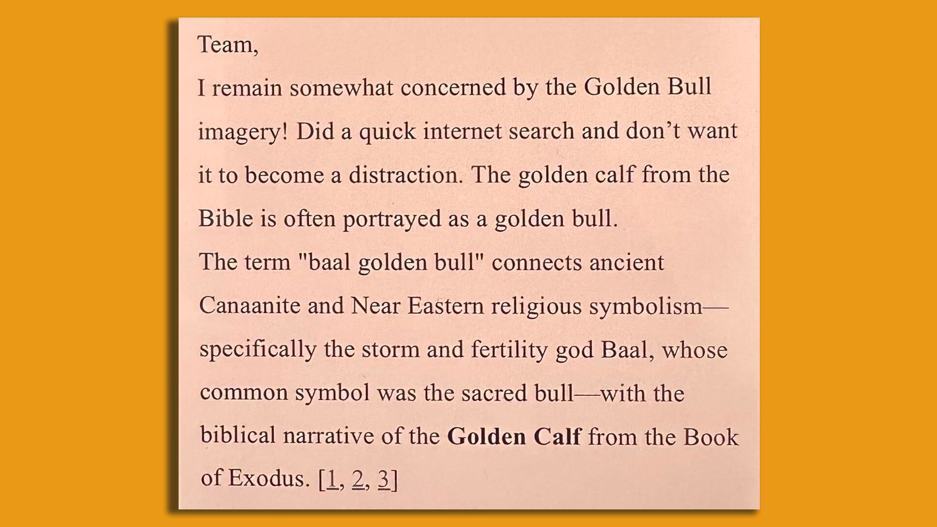 Pink page of serif text on an orange background discussing concerns about the Golden Bull imagery, the biblical golden calf, and the phrase "baal golden bull" linking ancient symbolism.