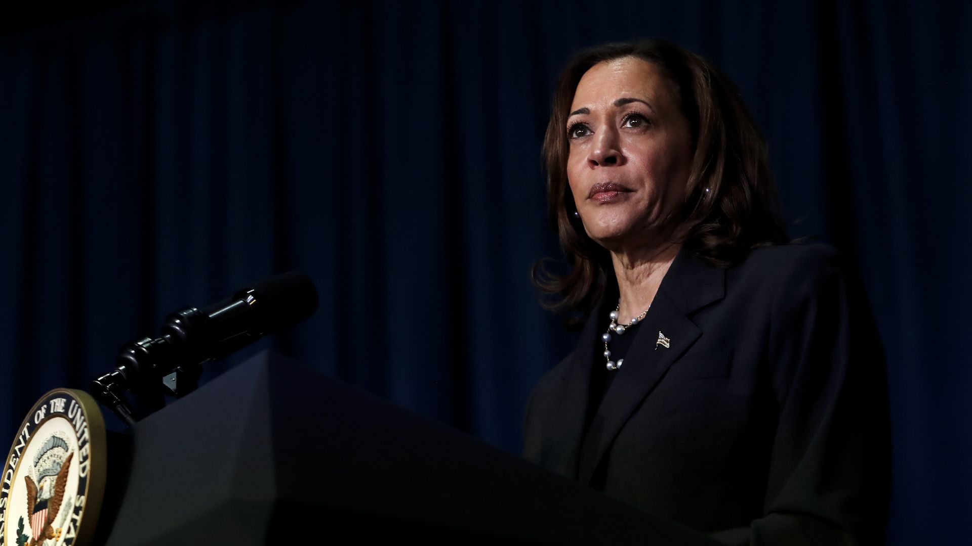 Vice President Kamala Harris speaking at a podium.