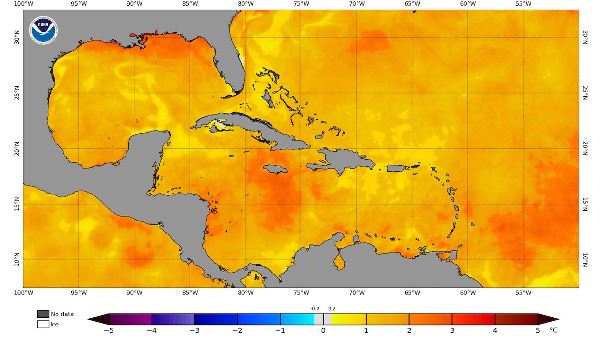 Image showing the sea surface temperature anomalies across the Caribbean and Gulf of Mexico on Aug. 26.