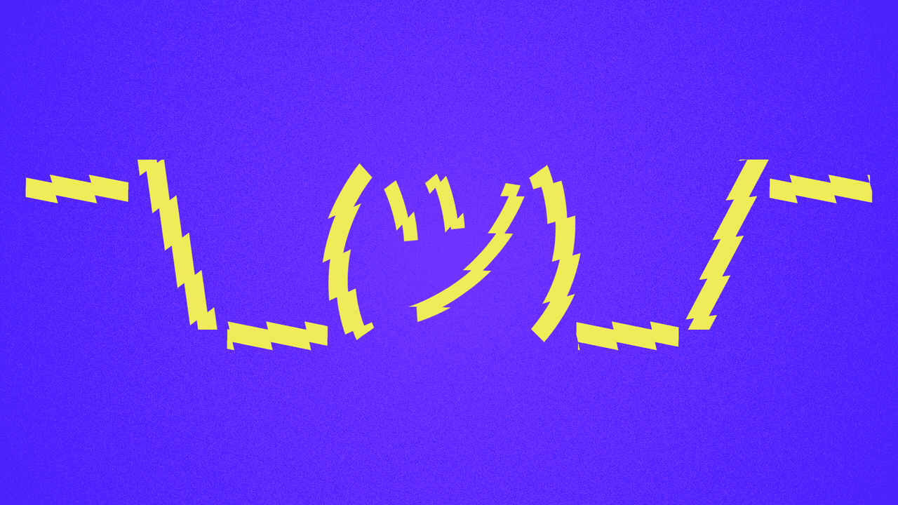 Animated illustration of a shrug emoji made out of electricity.