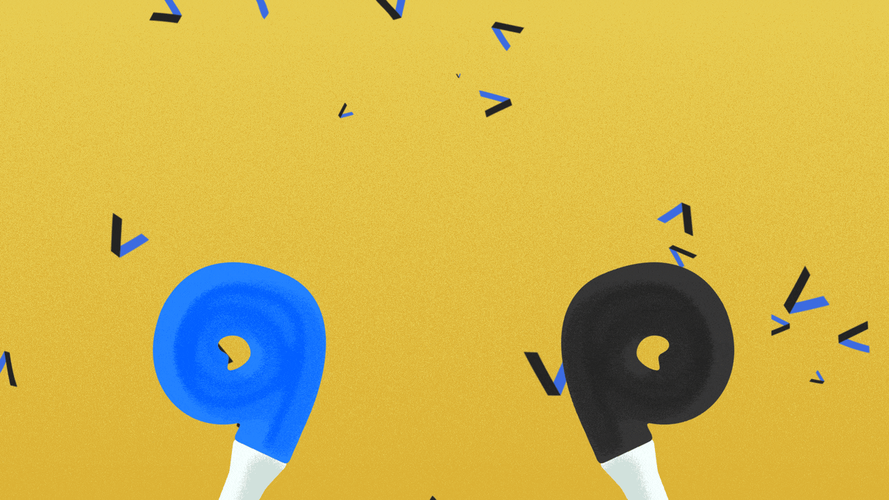 Animated illustration of two noisemakers rolling out to form an Axios A logo, with Axios logo-shaped confetti falling in the background.