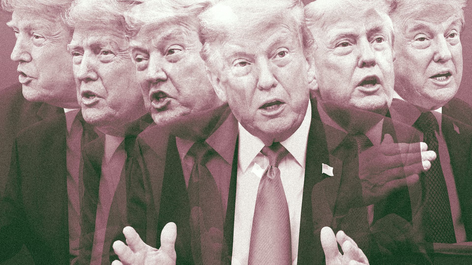 Photo illustration of six overlapping images of Donald Trump talking.