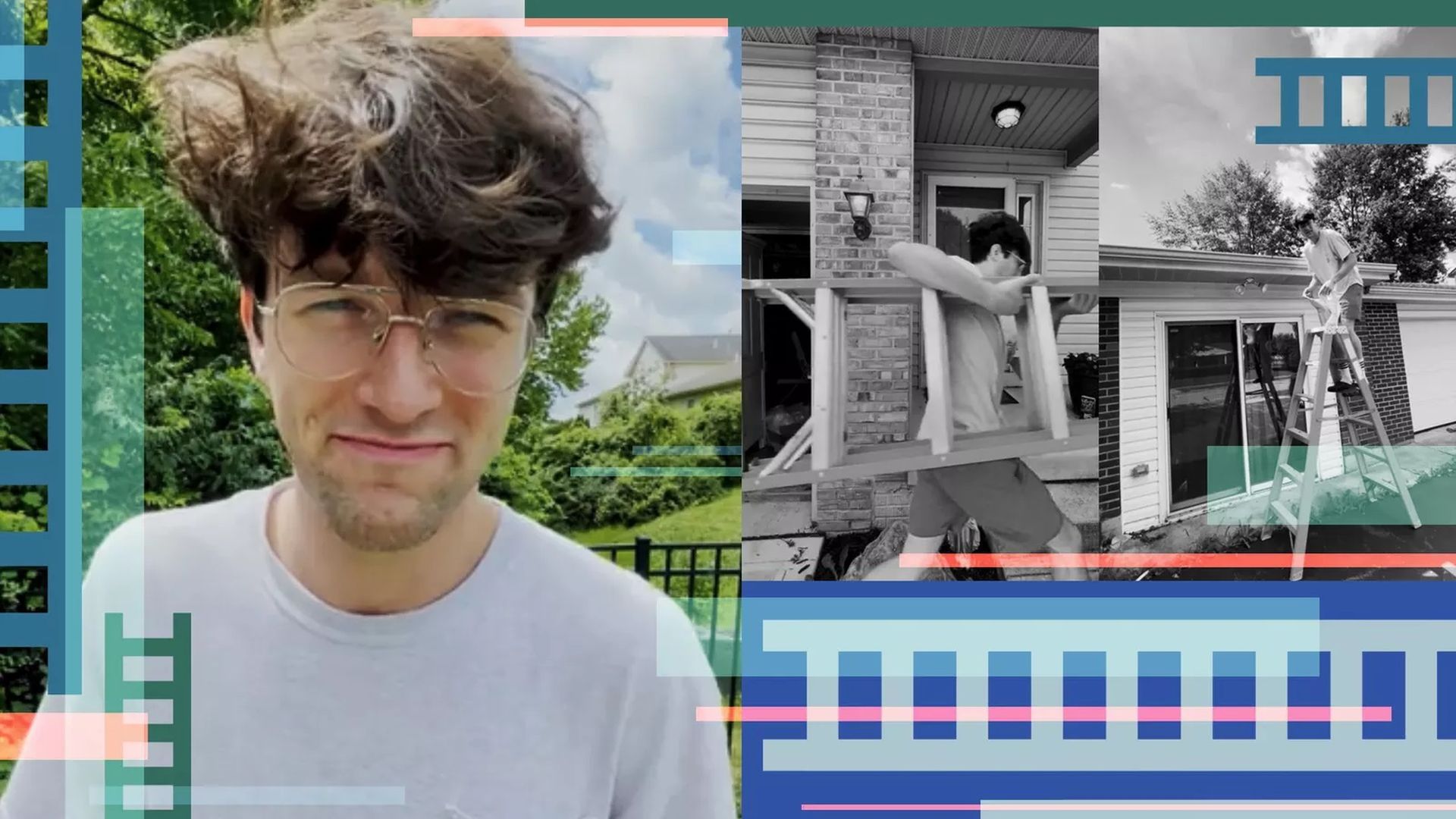 A collage of photos of Columbus odd jobs worker Jarrod Young holding ladders.