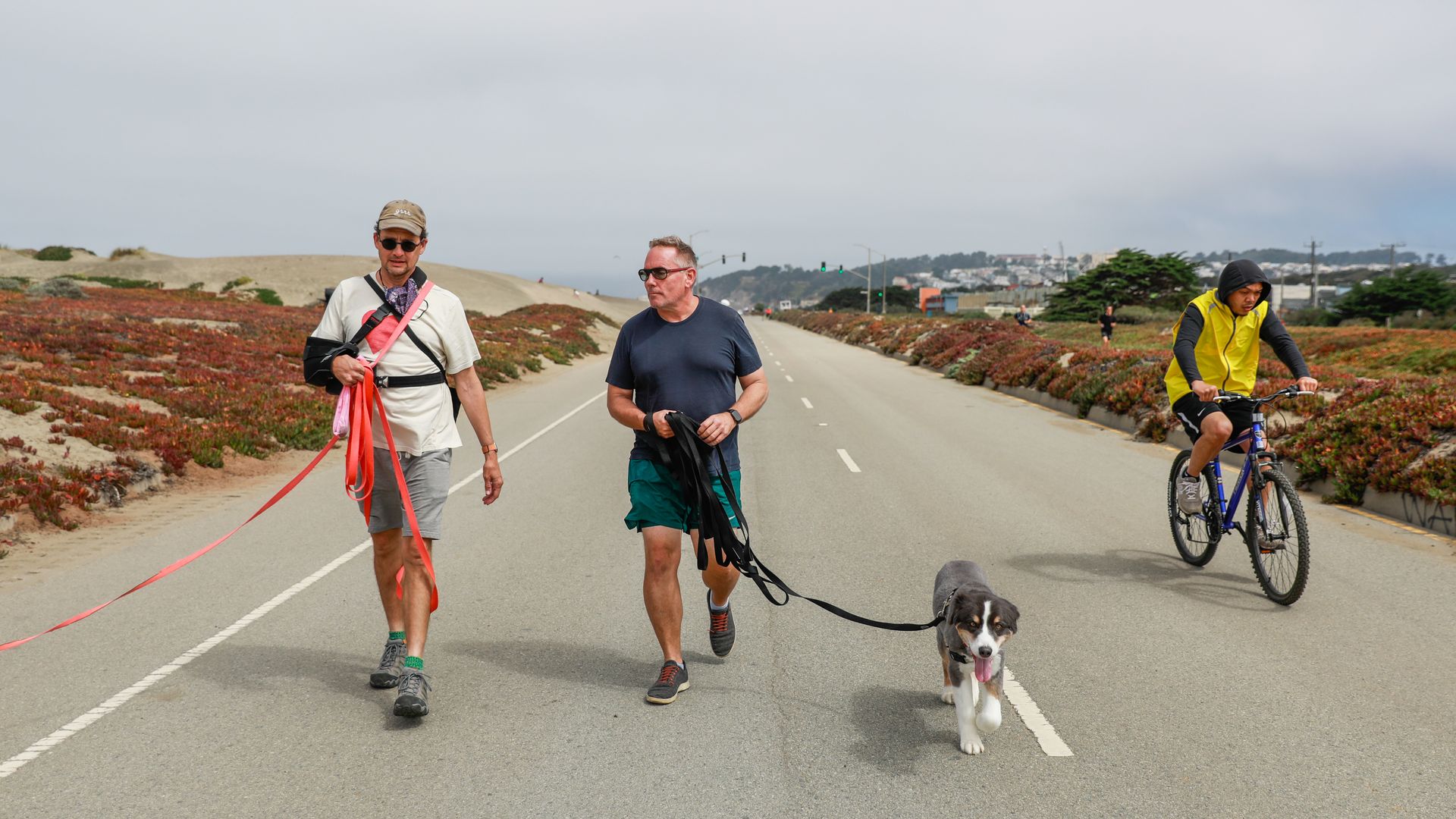 People walking and biking on the Great Highway.