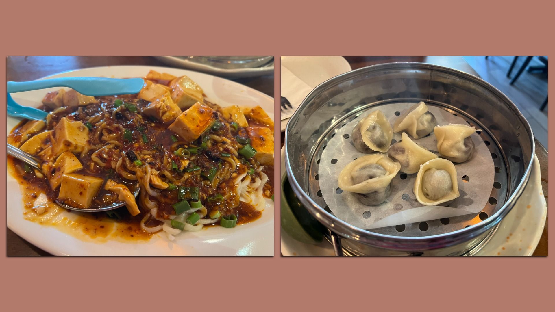 Photo of noodles on the left and photos of chocolate dumplings on the right. 