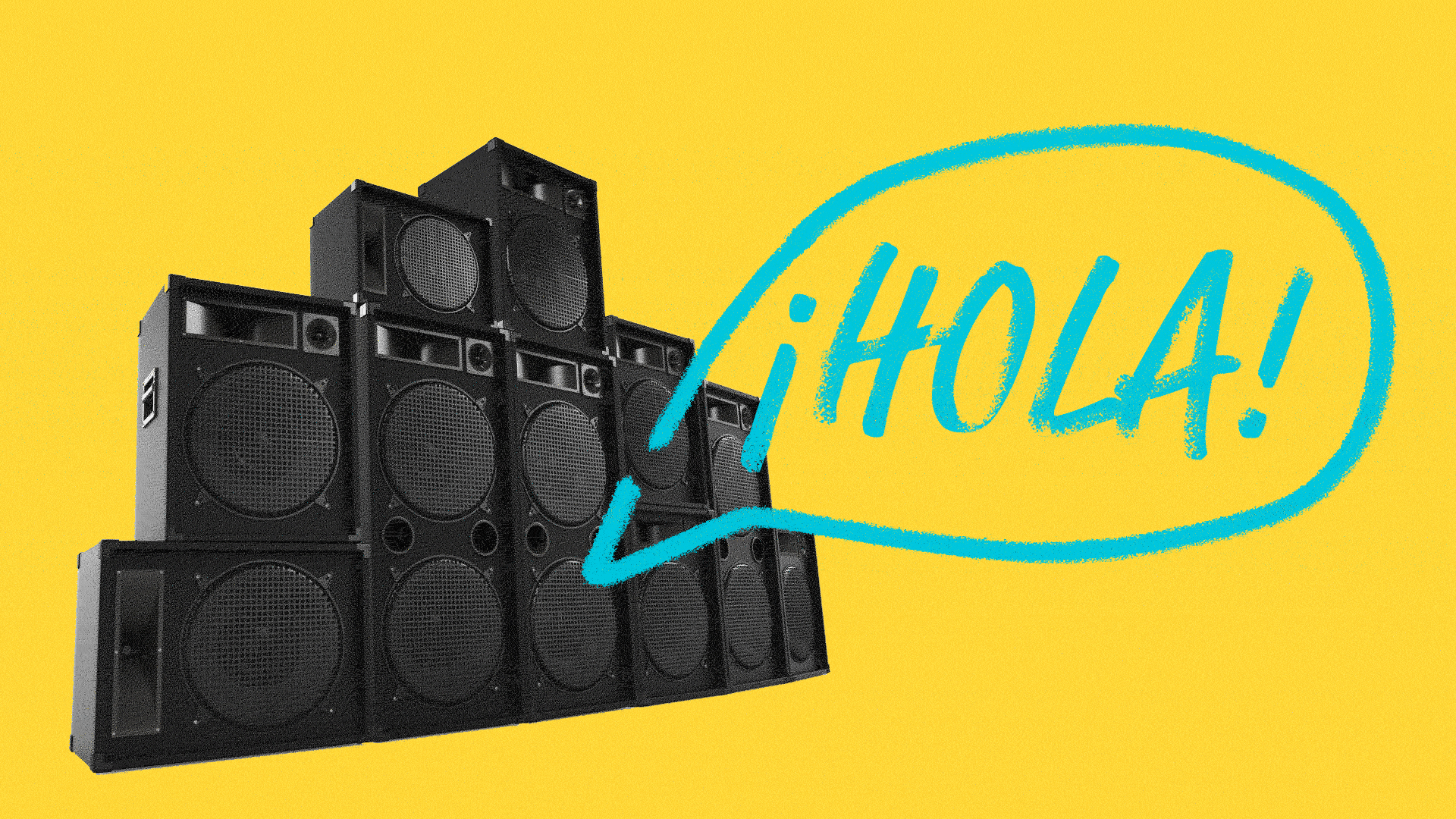 Illustrated gif of speakers saying hola.