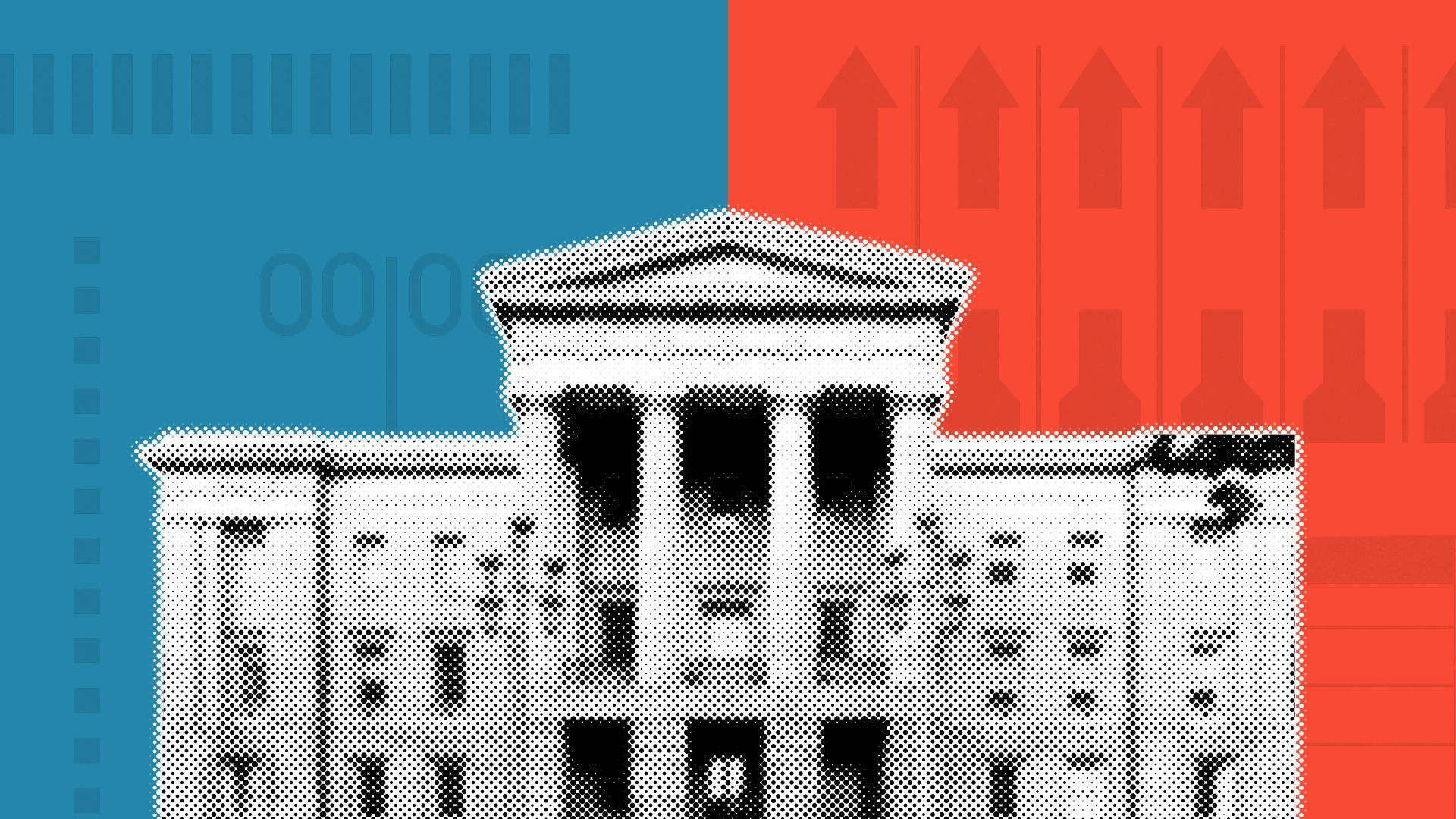 Photo illustration of the North Carolina State Capitol over a divided red and blue background with elements of ballots.