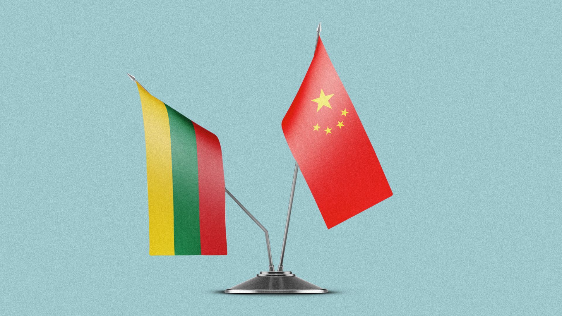 Illustration of miniature Lithuanian and Chinese flags in a holder with the Lithuanian flag pole slightly bent.