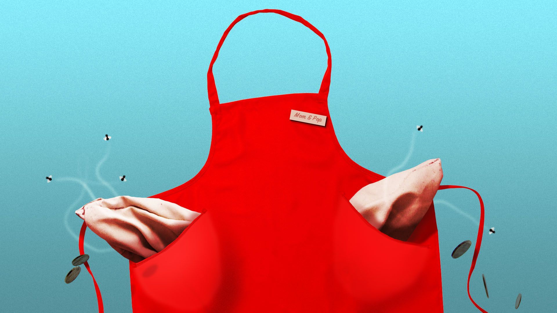 Illustration of an apron with turned out pockets spilling coins and flies