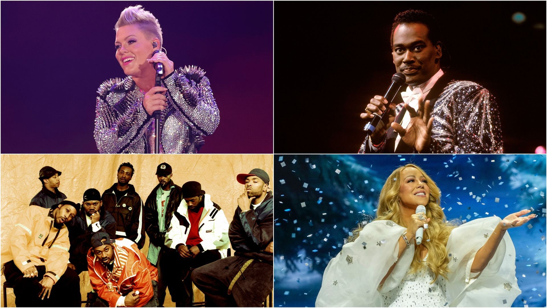 Rock Hall's 2026 ballot includes (clockwise from top left) P!NK, Luther Vandross, Wu-Tang Clan and Mariah Carey.
